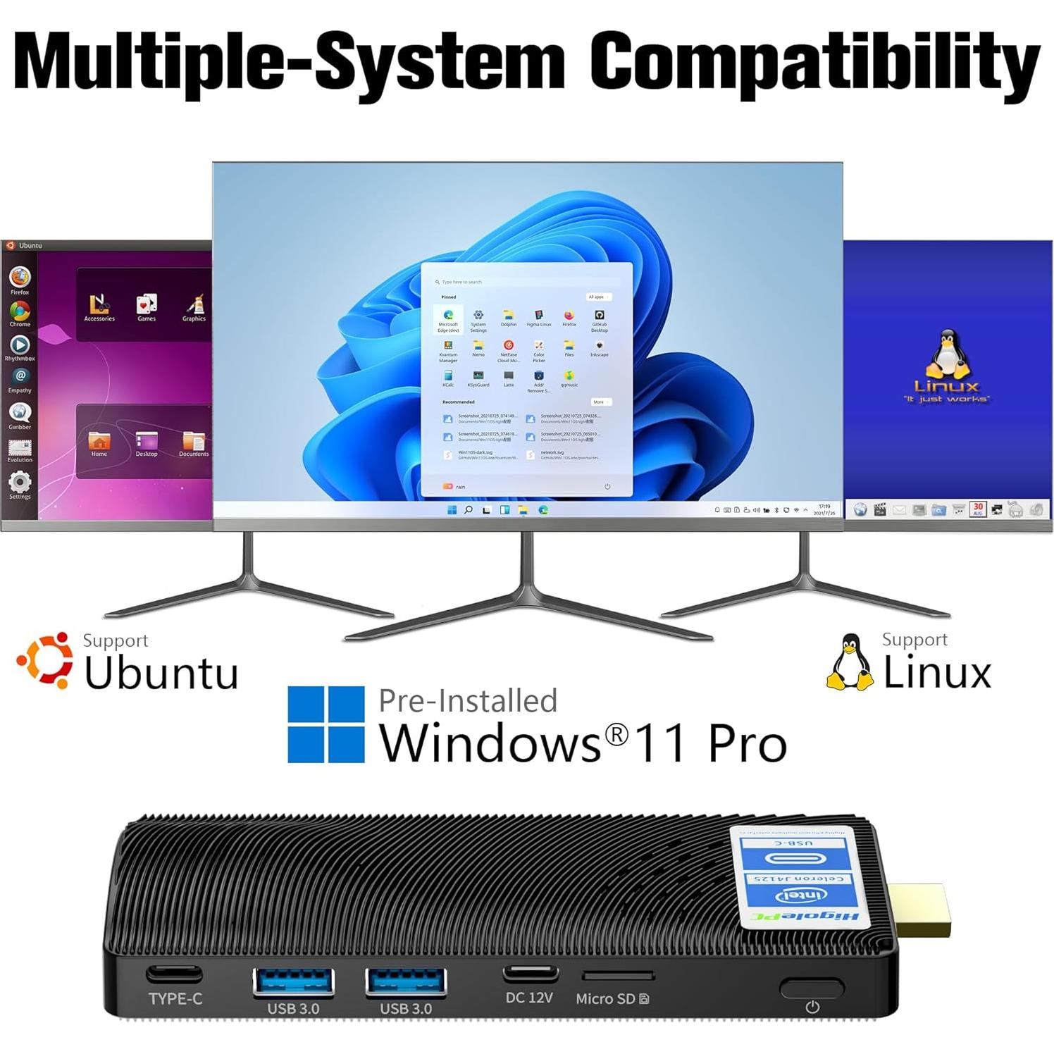 Mini PC Stick HEIGAOLA Celeron J4125 8GB RAM 128GB Win 11 Pro