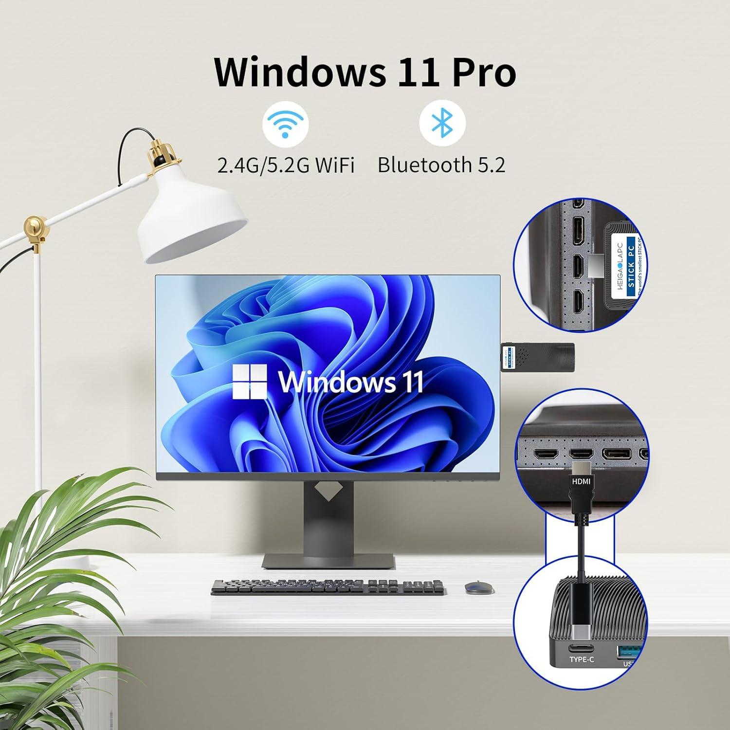 Mini PC Stick HEIGAOLA Celeron J4125 8GB RAM 128GB Win 11 Pro