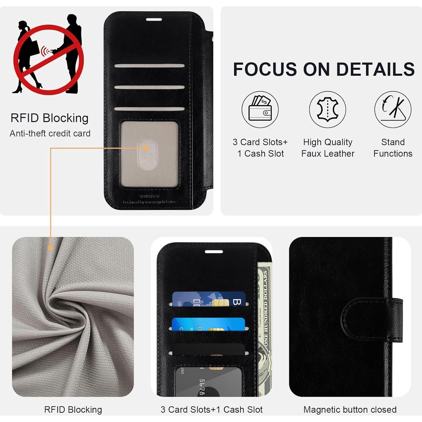 Funda de Cartera VANAVAGY para Samsung Galaxy S24 - Negro