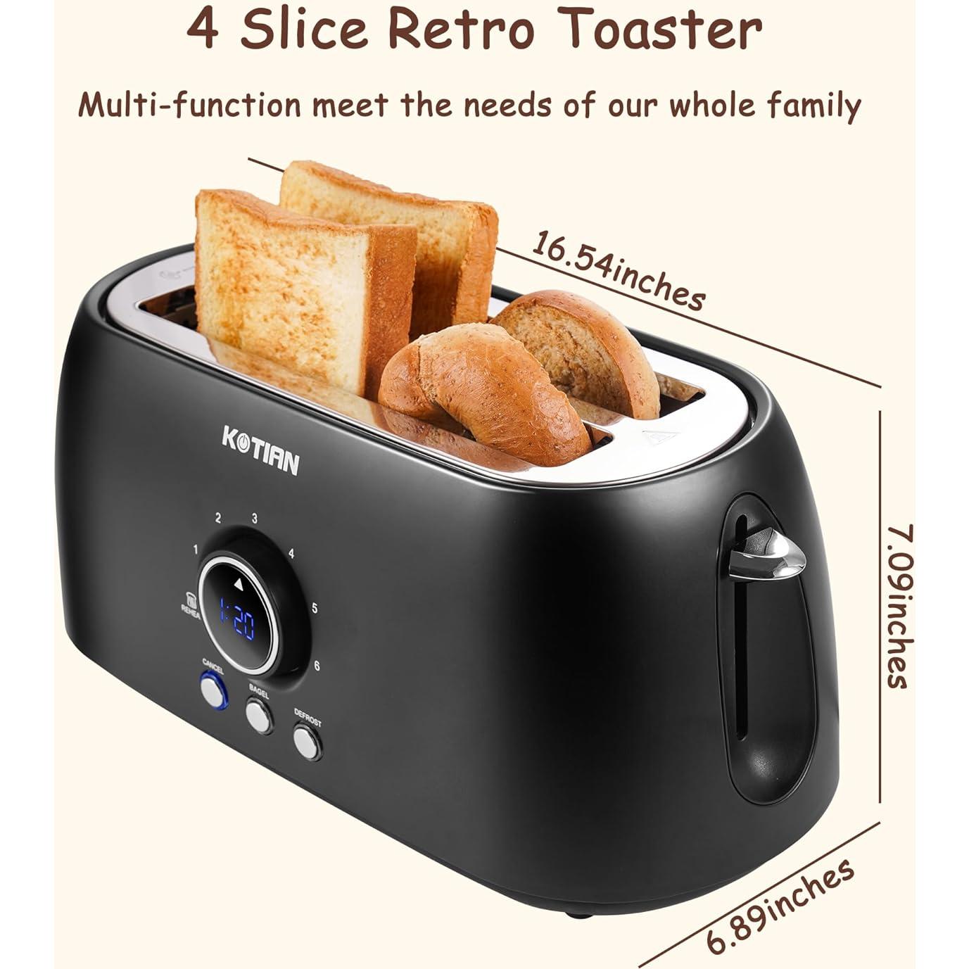 Tostadora KOTIAN 4 Rebanadas Acero Inoxidable Retro Negra