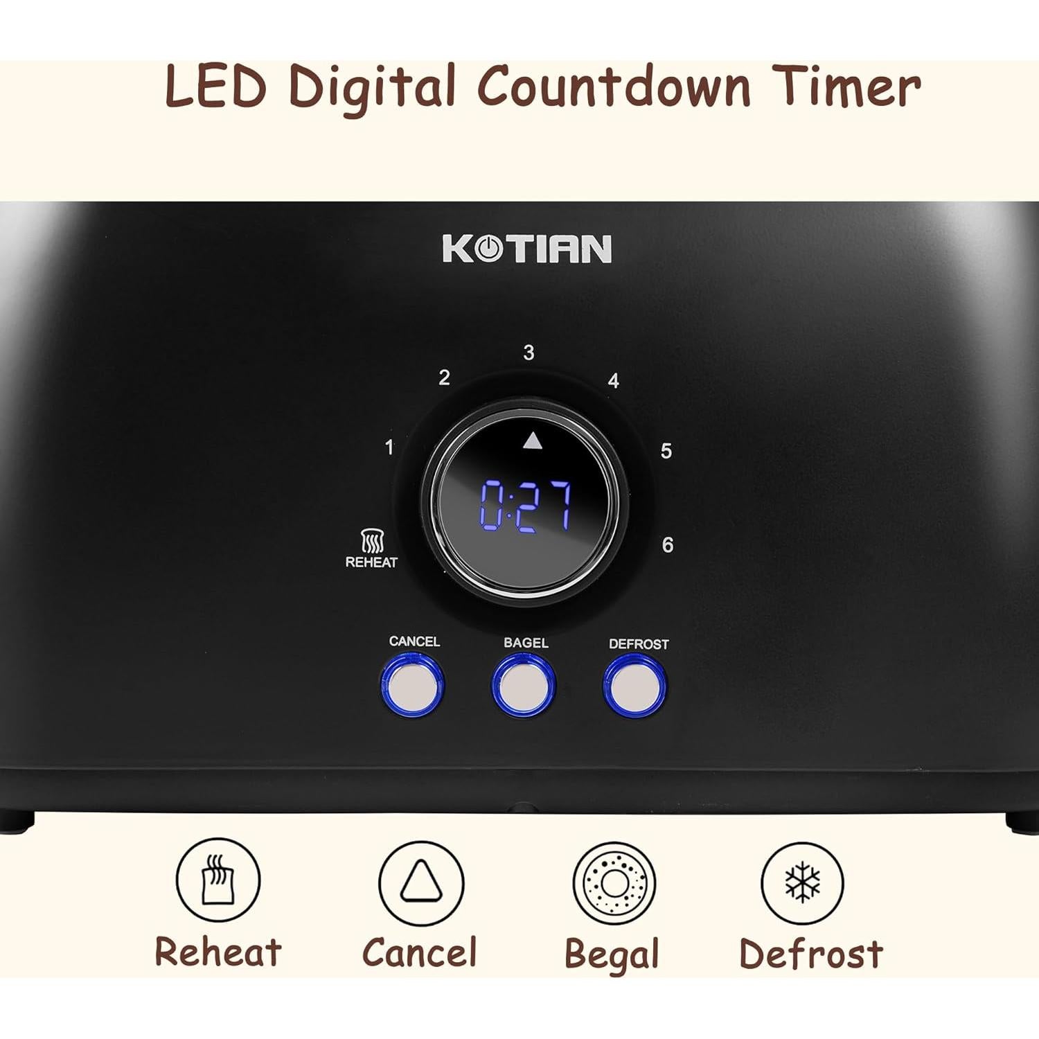 Tostadora KOTIAN 4 Rebanadas Acero Inoxidable Retro Negra