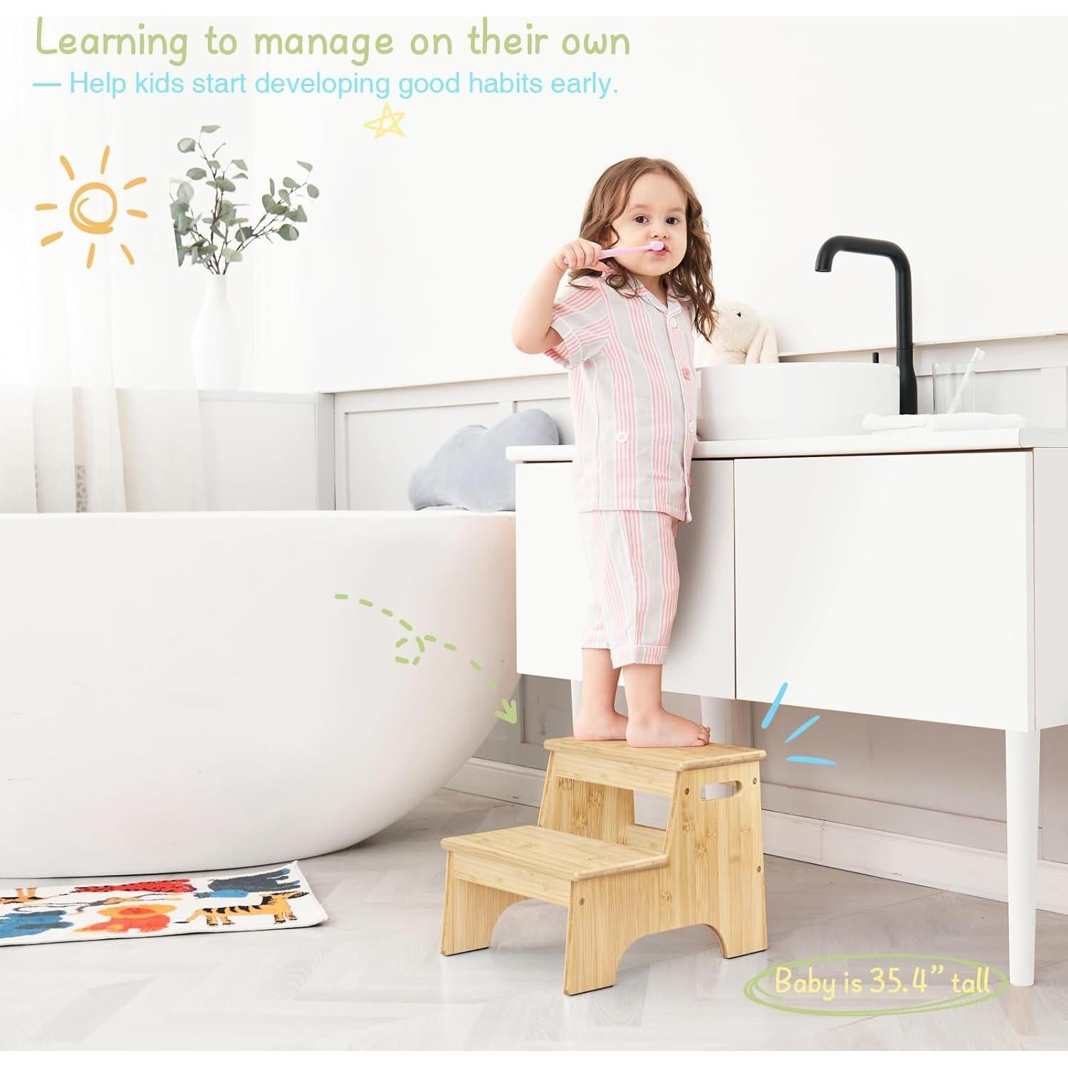 Escalón de Baño Forbena de Madera Natural 2 Pasos Antideslizante