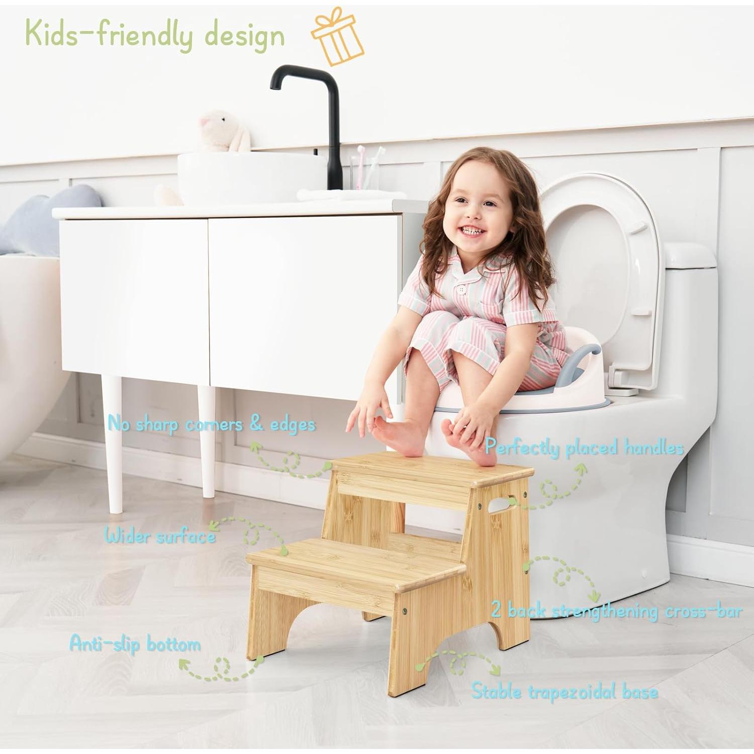 Escalón de Baño Forbena de Madera Natural 2 Pasos Antideslizante