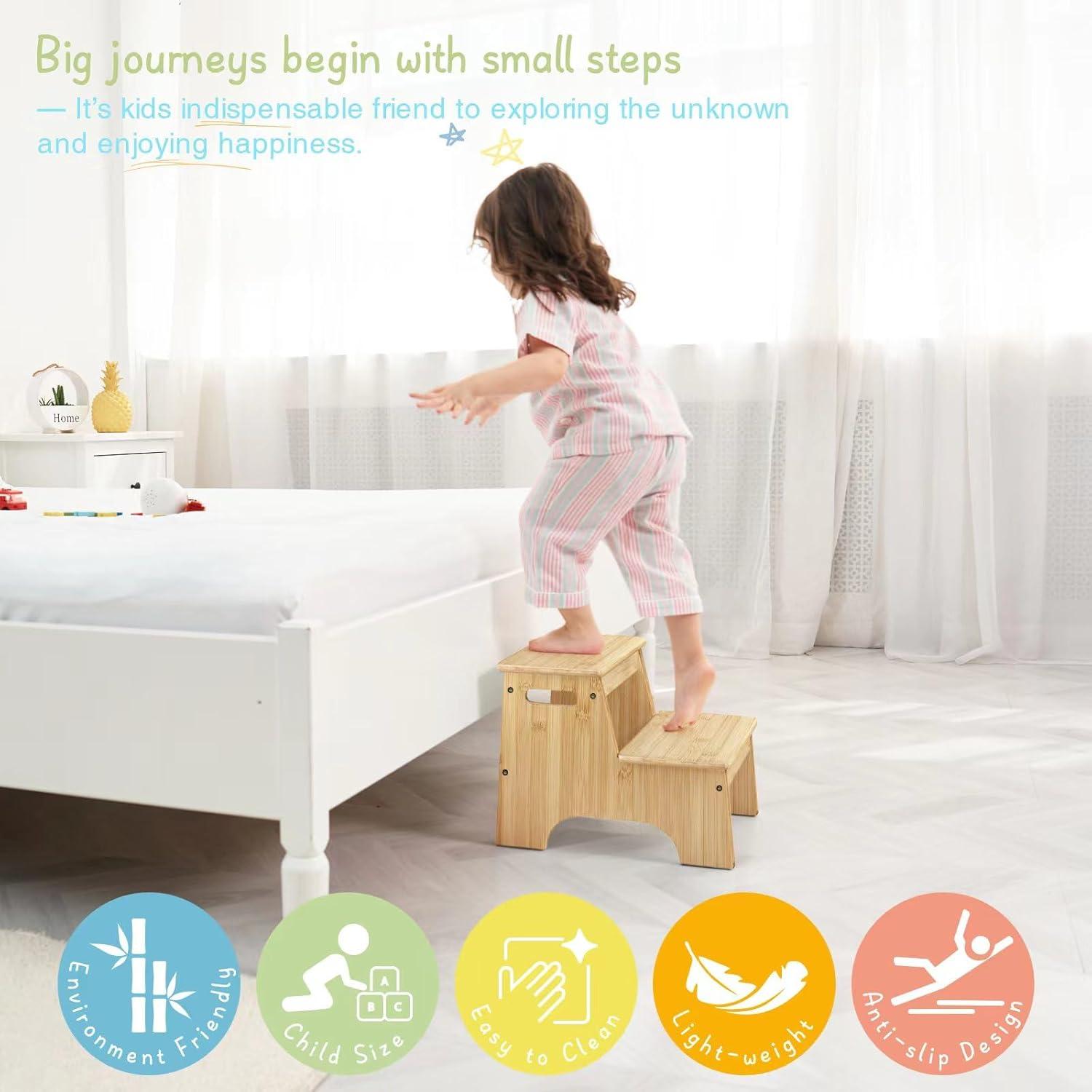 Escalón de Baño Forbena de Madera Natural 2 Pasos Antideslizante