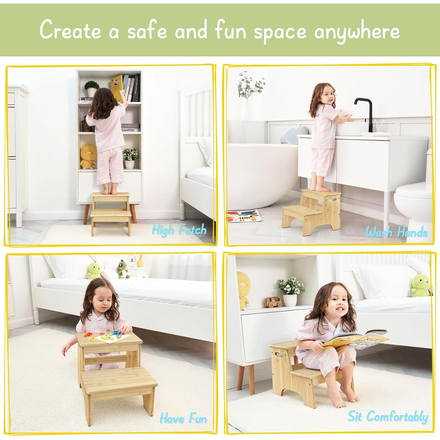 Escalón de Baño Forbena de Madera Natural 2 Pasos Antideslizante