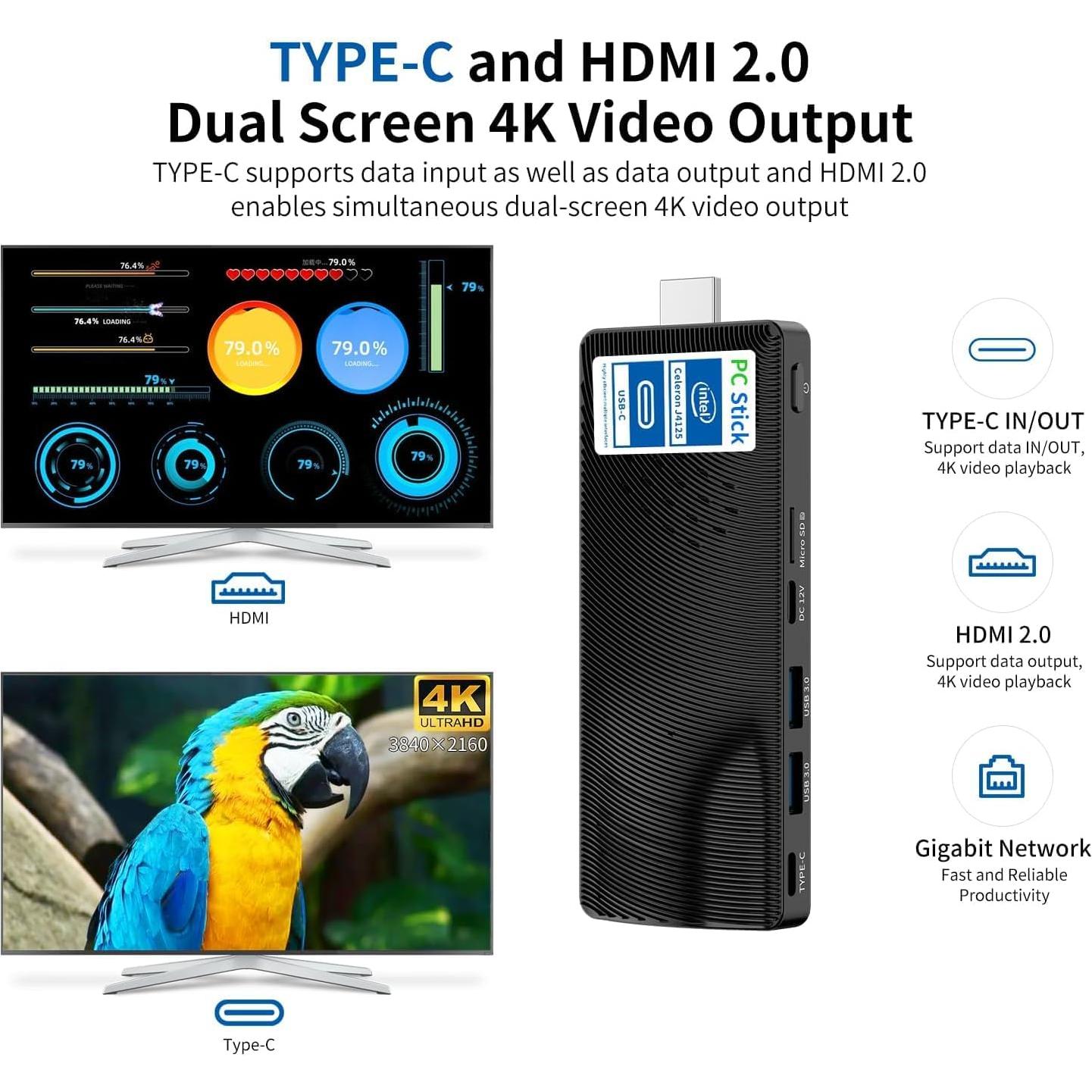 Mini PC Stick OuuOee Celeron J4125 4GB RAM 64GB SSD 4K