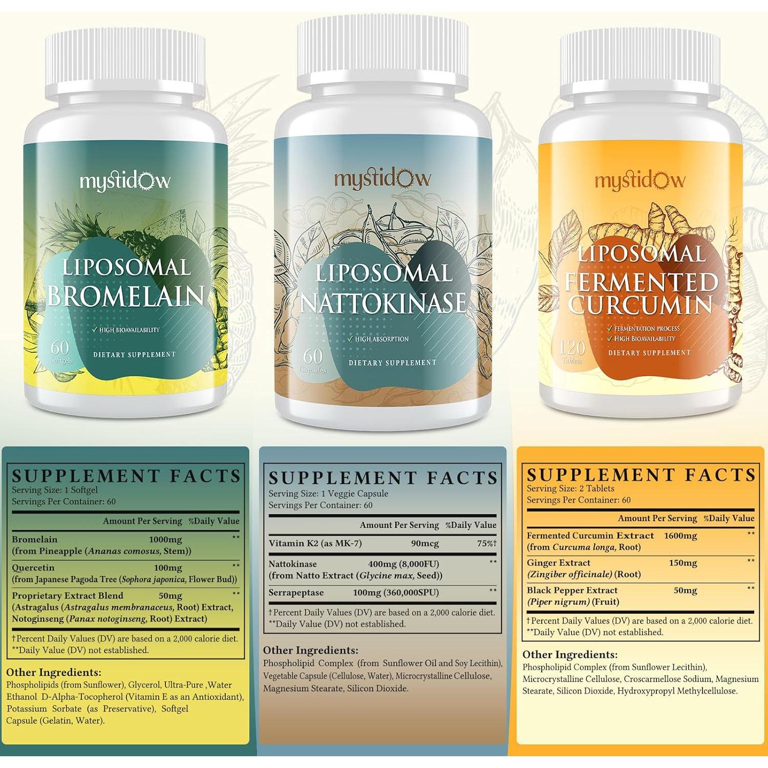 Trío de Soporte Spike Mystidow | Nattokinasa 8000 FU 500mg, Bromelina 1150mg, Cúrcuma 1800mg