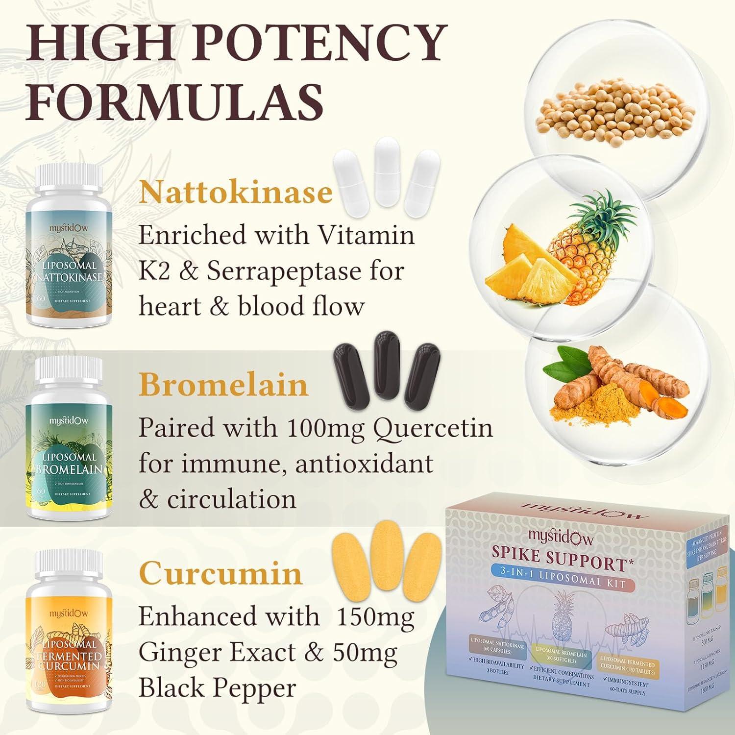 Trío de Soporte Spike Mystidow | Nattokinasa 8000 FU 500mg, Bromelina 1150mg, Cúrcuma 1800mg