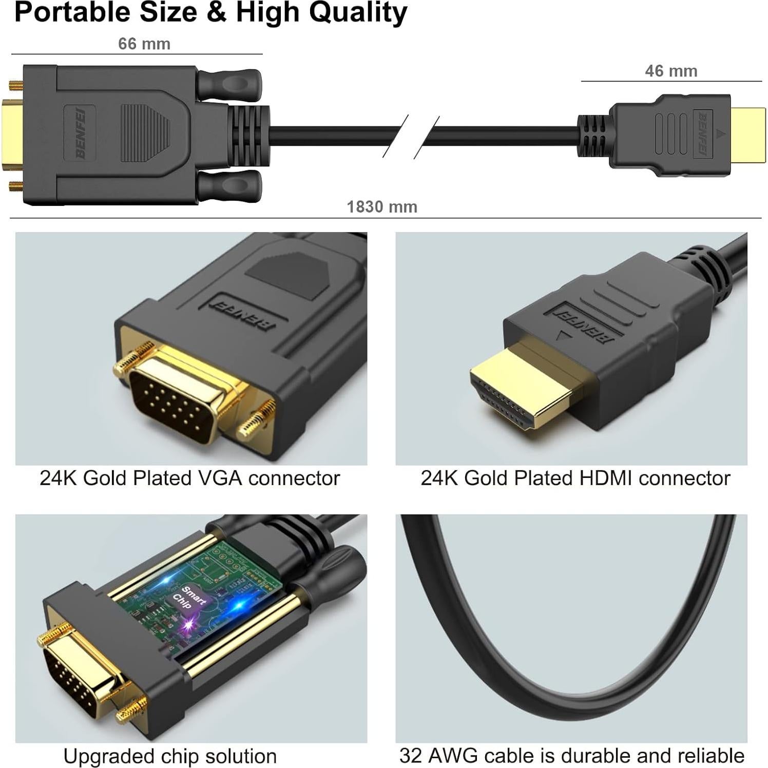 Cable HDMI a VGA Benfei 10 Paquete 1.21 kg 182.88 cm