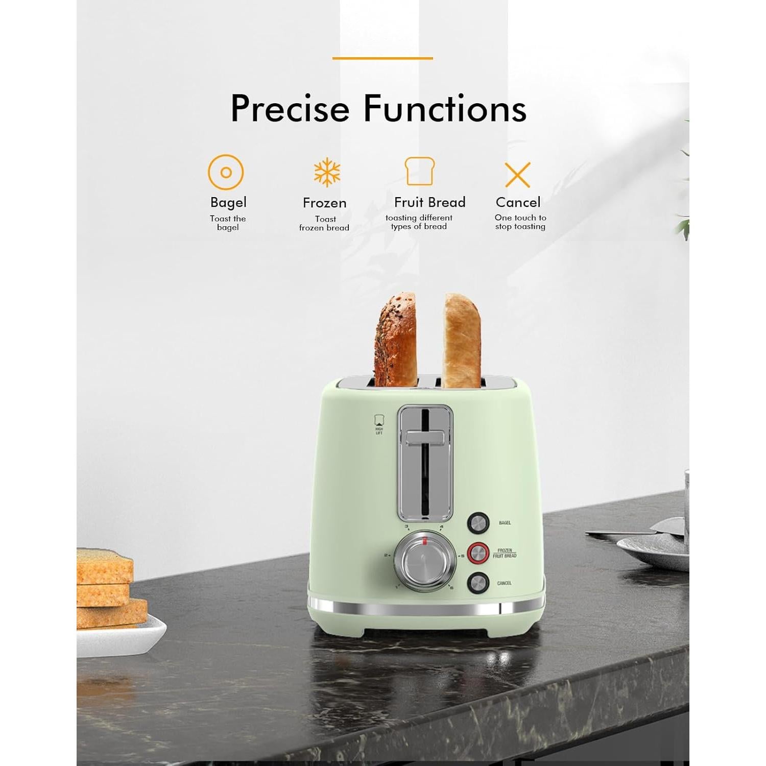 Tostadora de 2 Rebanadas LONGDEEM Verde - Ranura Ancha, Apagado Automático