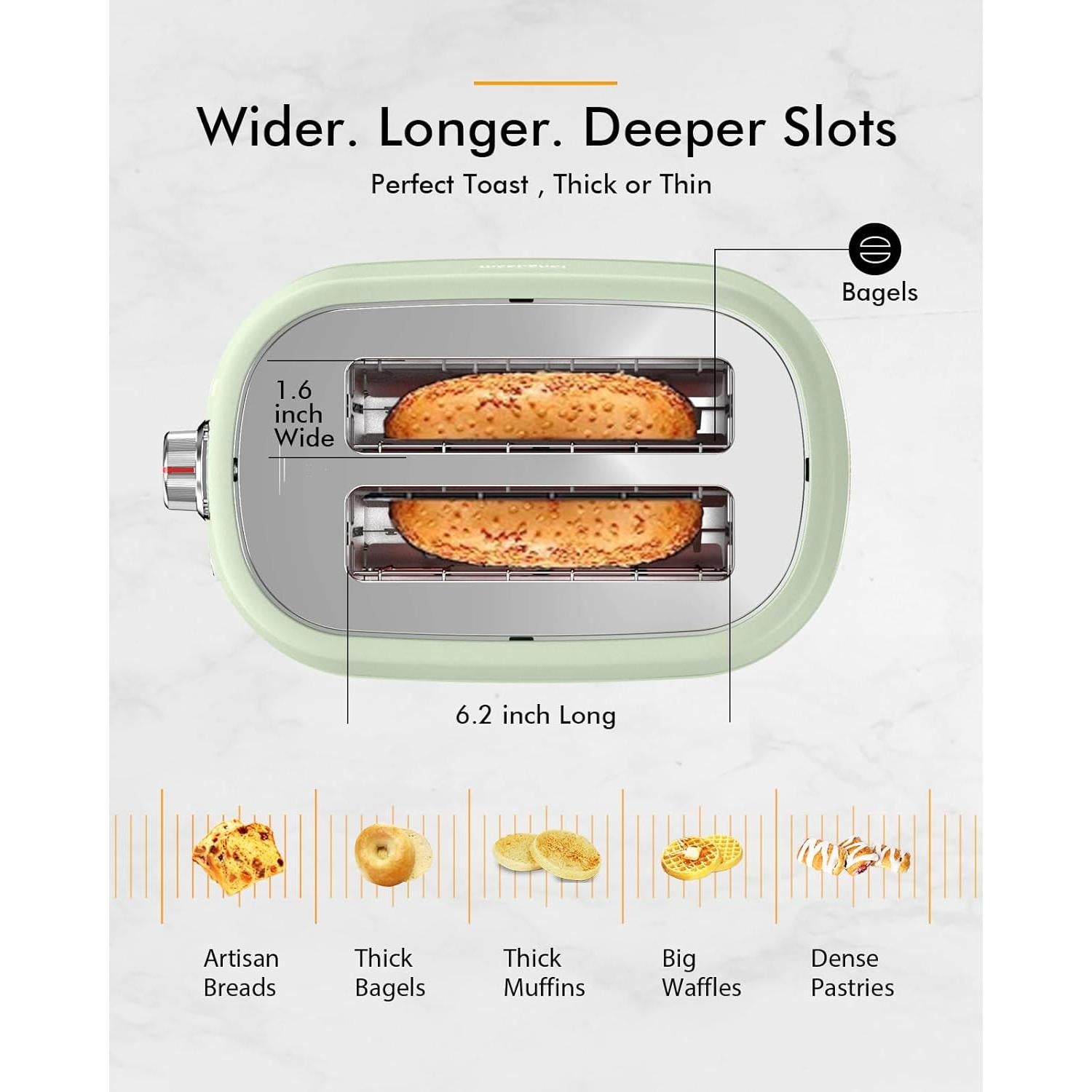 Tostadora de 2 Rebanadas LONGDEEM Verde - Ranura Ancha, Apagado Automático