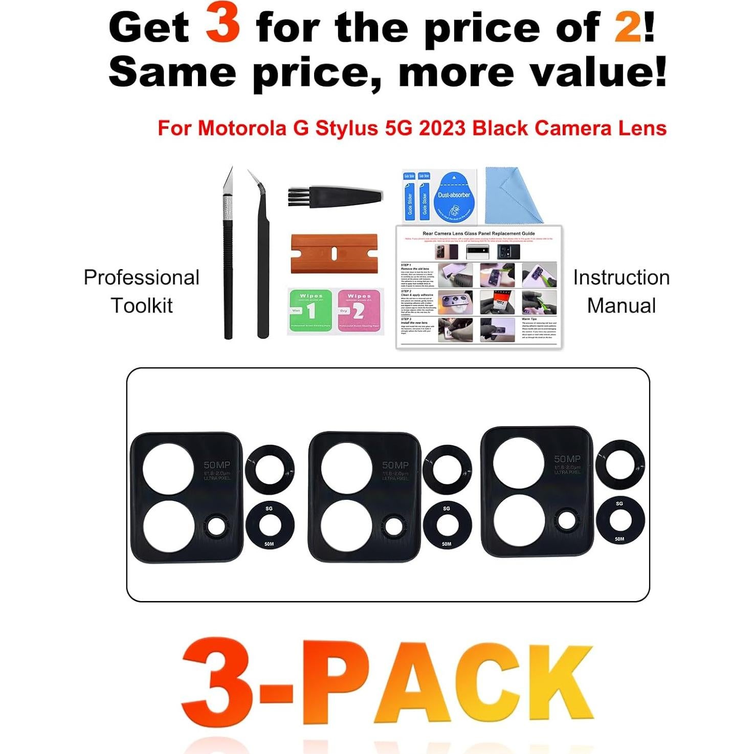 Paquete de 3 Lentes Moto G Stylus 5G 2023 XT2315 Cristal