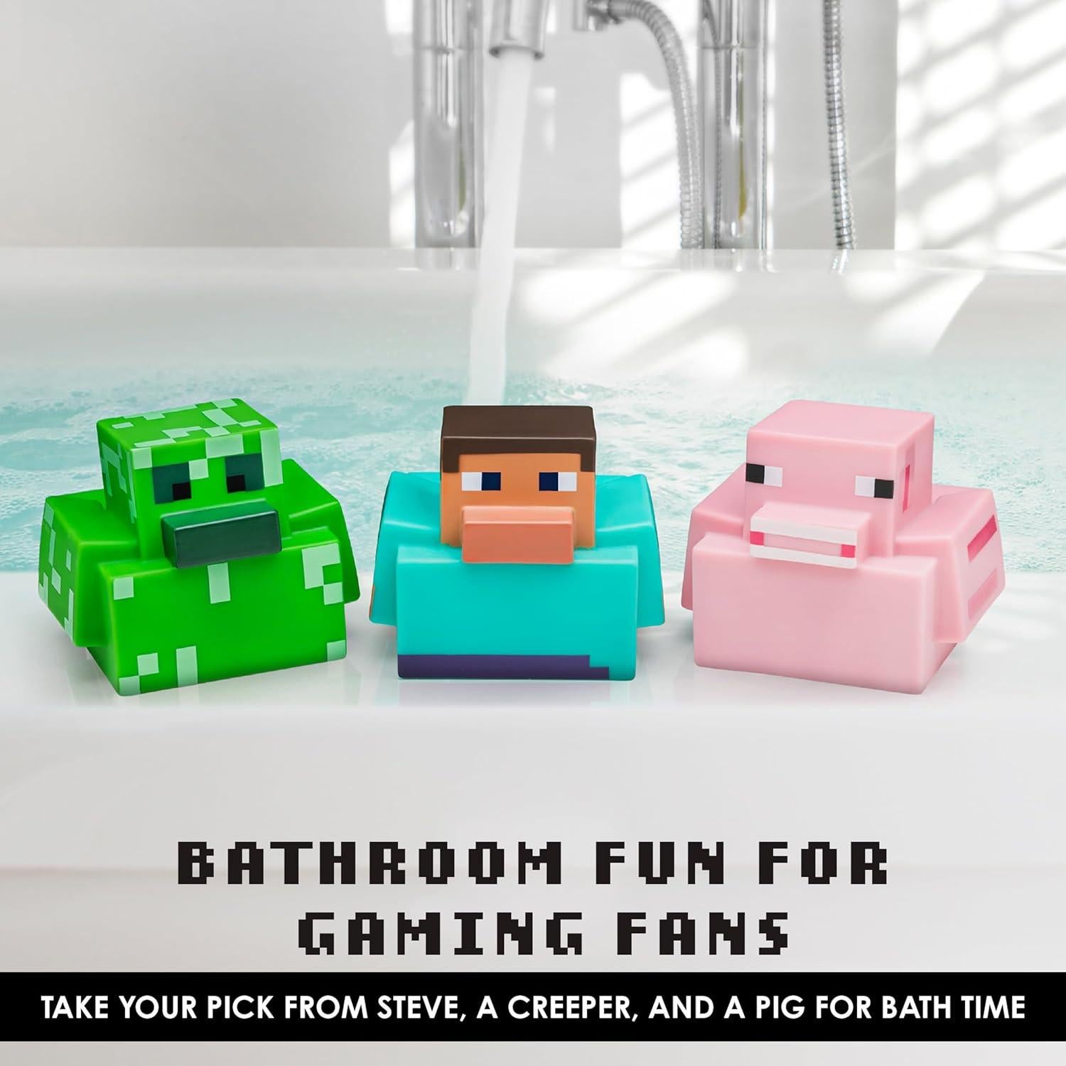Paladone Minecraft Rubber Duckies, Set of 3 Minecraft Bath Ducks, Creeper Pig and Steve Bath Toys, Funny Jeep Ducks