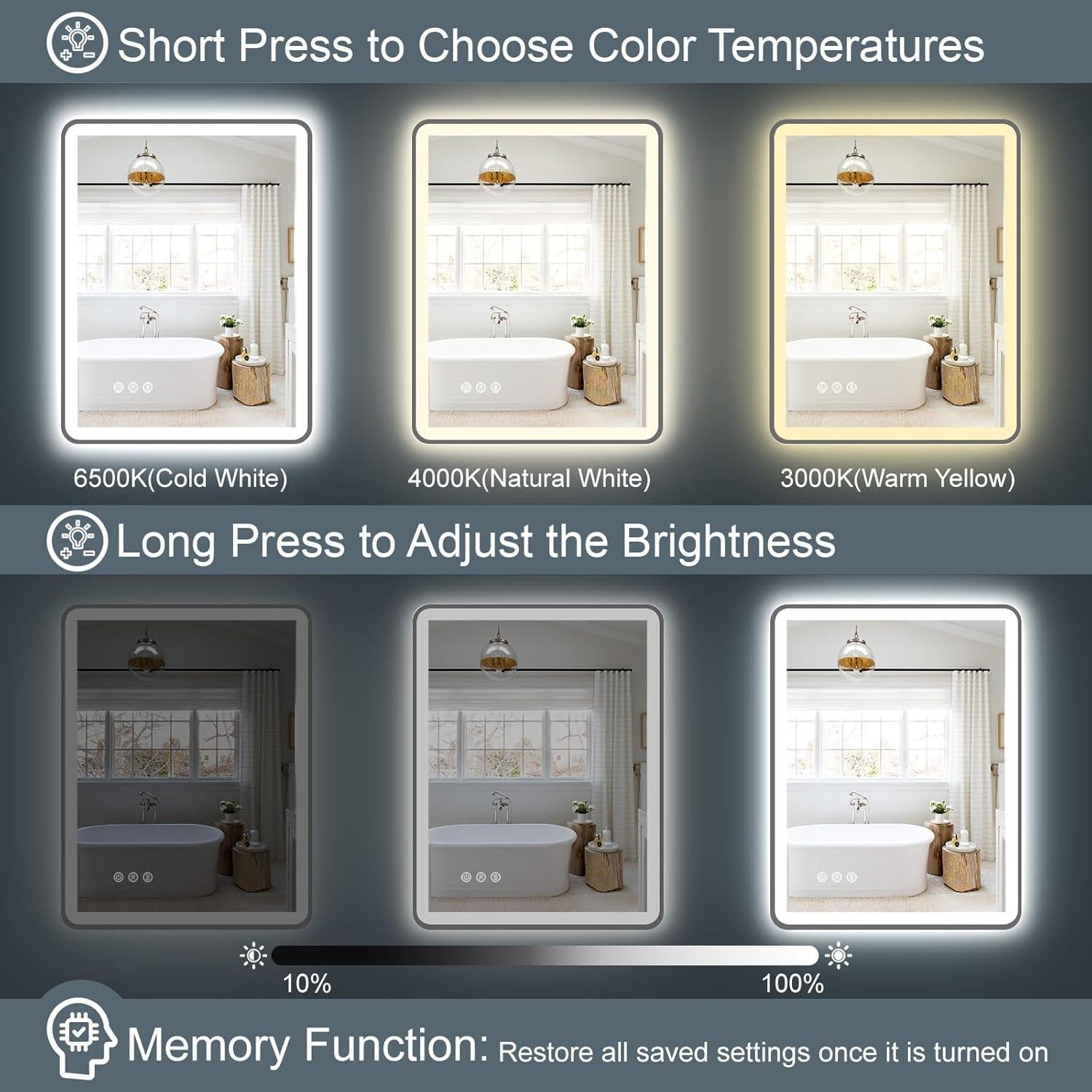 Espejo LED TIFULLHOME 60x40 cm Anti-vaho con Luz Regulable