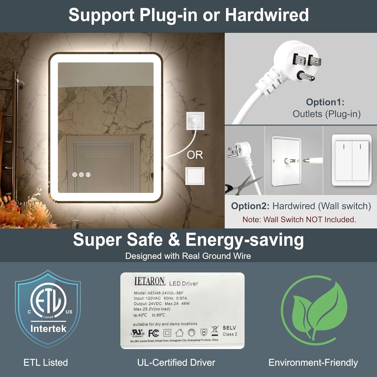 Espejo LED TIFULLHOME 60x40 cm Anti-vaho con Luz Regulable