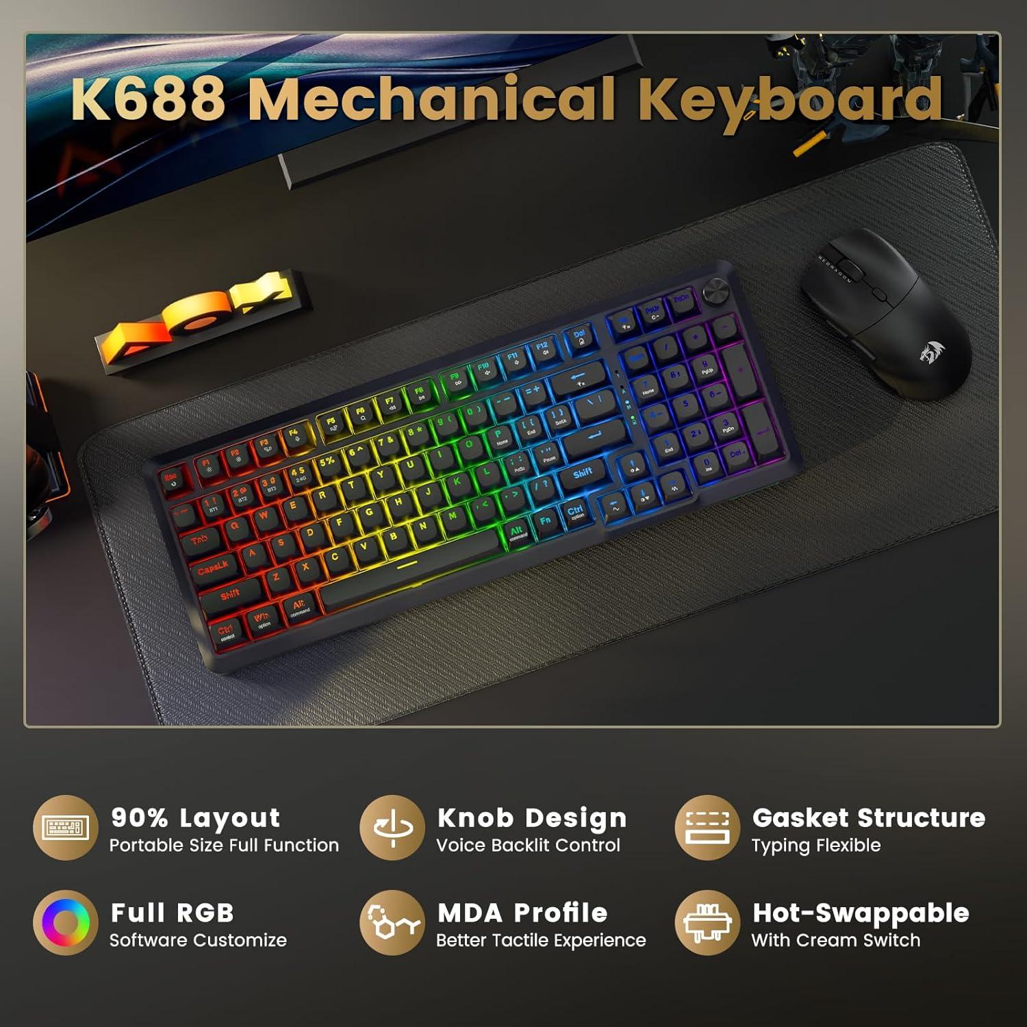 Teclado Mecánico Inalámbrico Redragon K688 RGB 98 Teclas