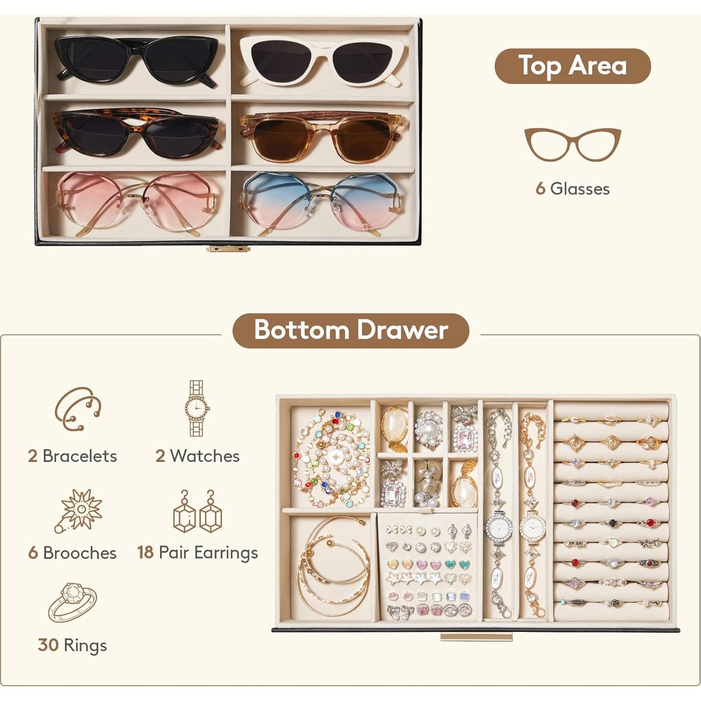 Caja de Joyería Lifewit 2 Capas Organizador Gafas 6 Compartimentos