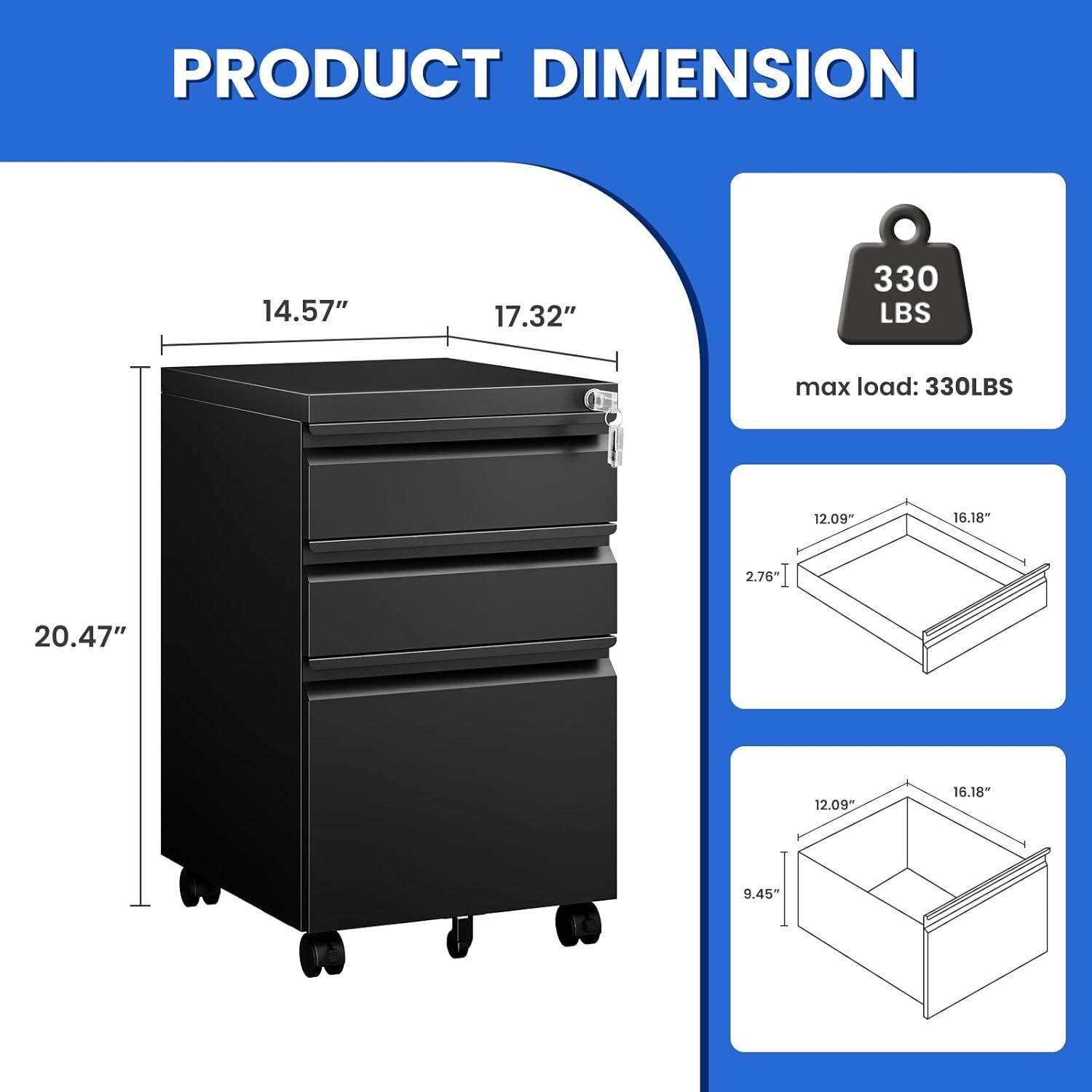 Archivador MIIIKO de 3 Cajones con Ruedas y Cerradura Negro