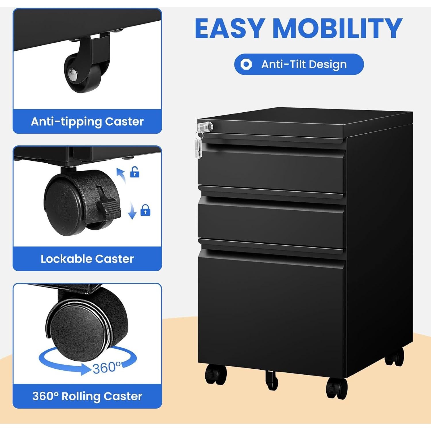 Archivador MIIIKO de 3 Cajones con Ruedas y Cerradura Negro