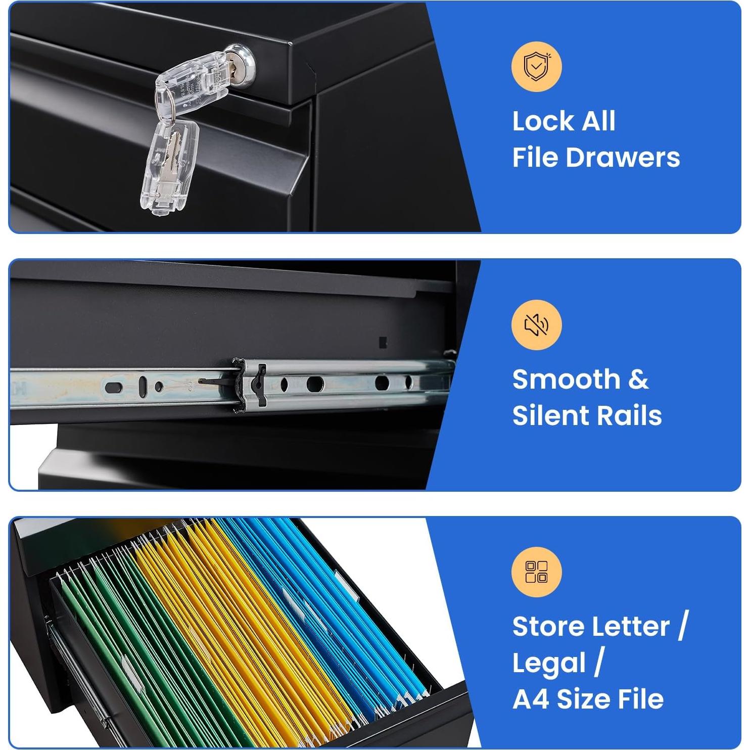 Archivador MIIIKO de 3 Cajones con Ruedas y Cerradura Negro