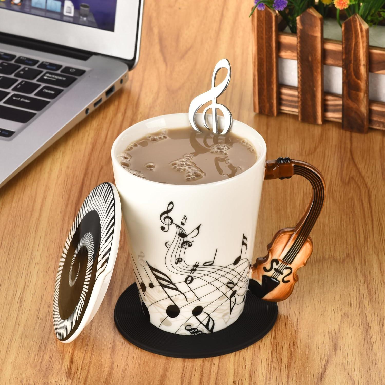 Taza de Cerámica Musical BUYNEED con Tapa y Cuchara