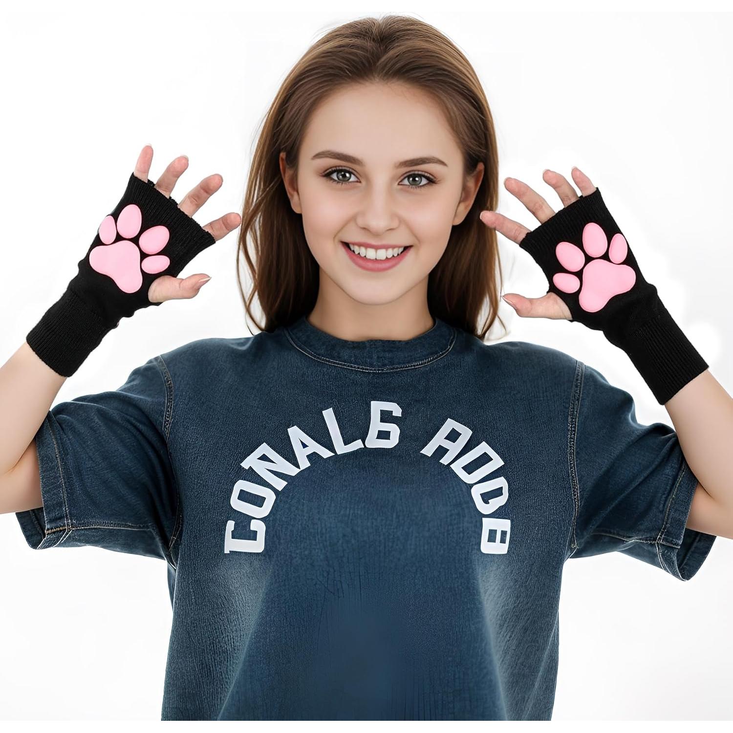 Mitones de Gato Nydotd Rosa 3D para Cosplay Sin Dedos