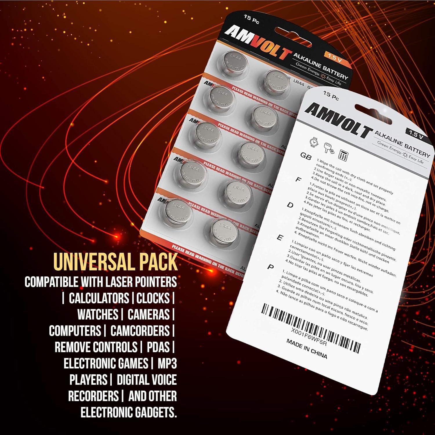 Baterías Alcalinas LR44 AmVolt - Paquete de 15 Unidades 1.5V