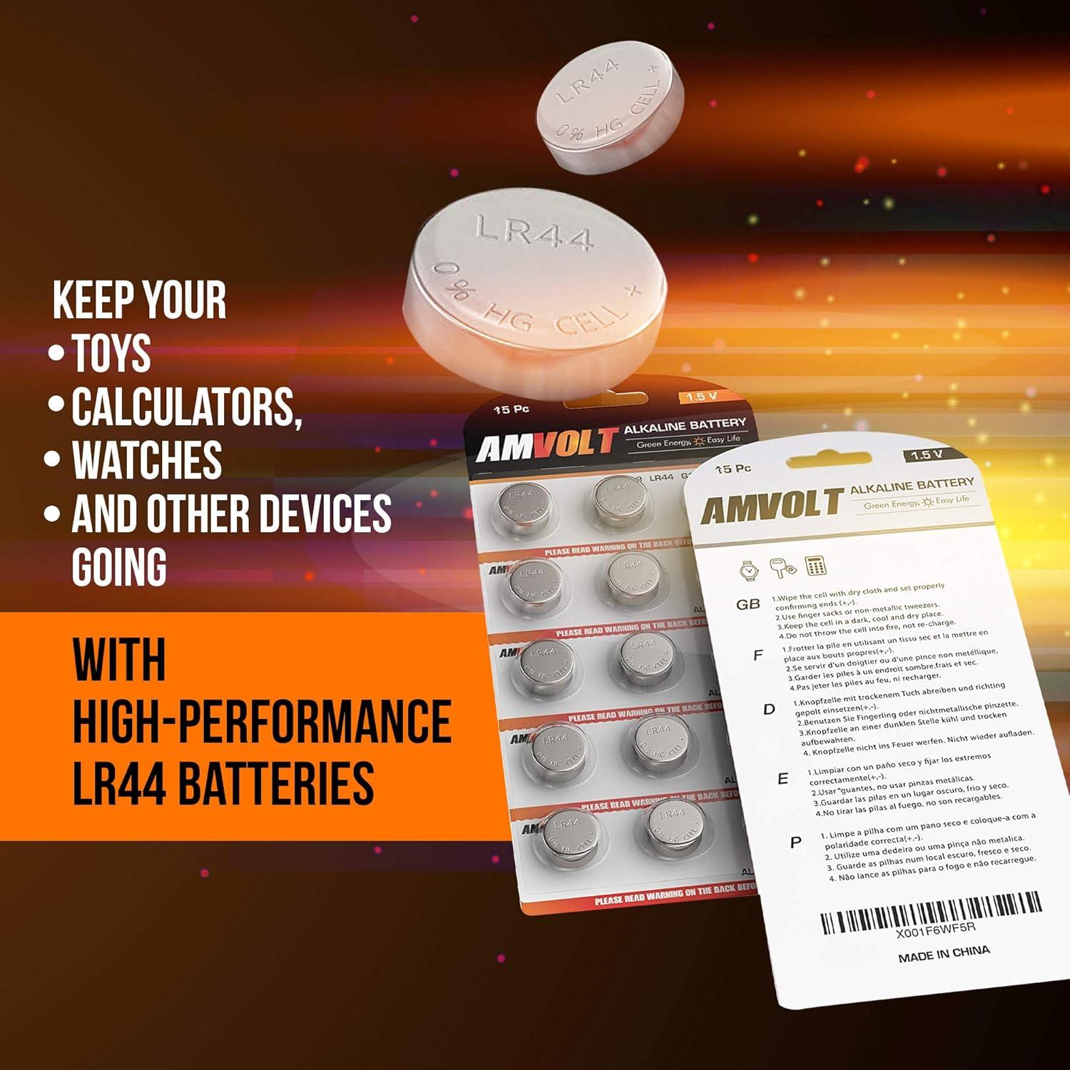 Baterías Alcalinas LR44 AmVolt - Paquete de 15 Unidades 1.5V