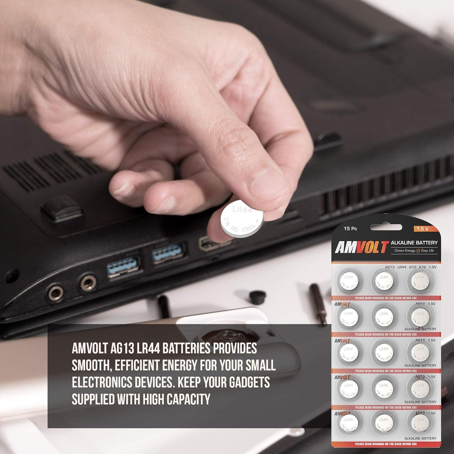 Baterías Alcalinas LR44 AmVolt - Paquete de 15 Unidades 1.5V