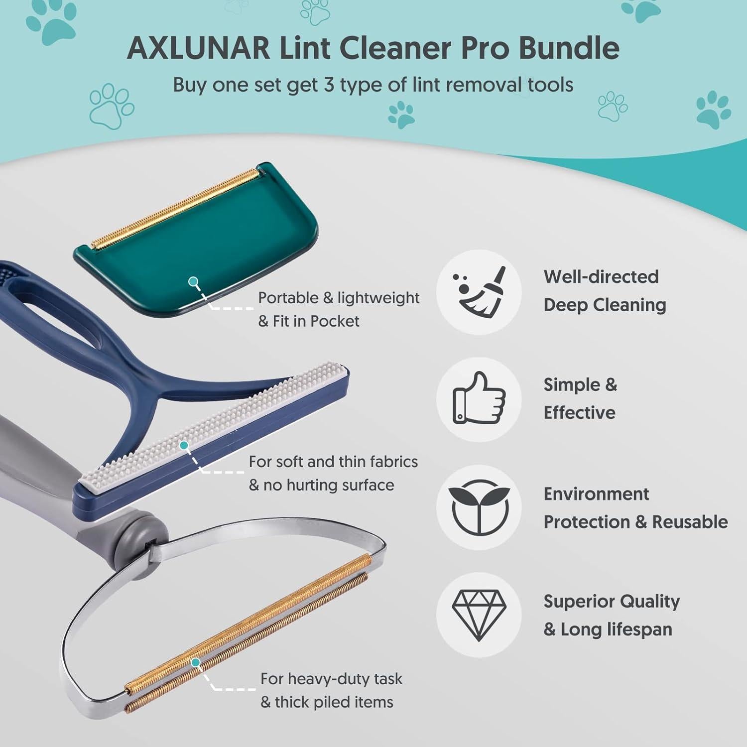 Removedor de Pelo de Mascota AXLUNAR - 3 Herramientas Reutilizables