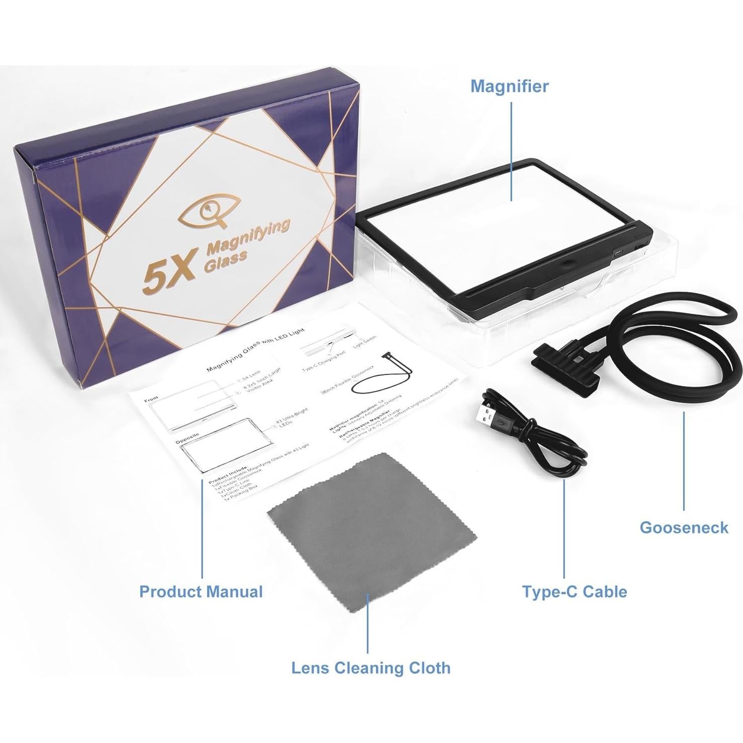 Lupa de Mano Libre Molebe 5X con Luz LED Ajustable 23.6x17.8 cm