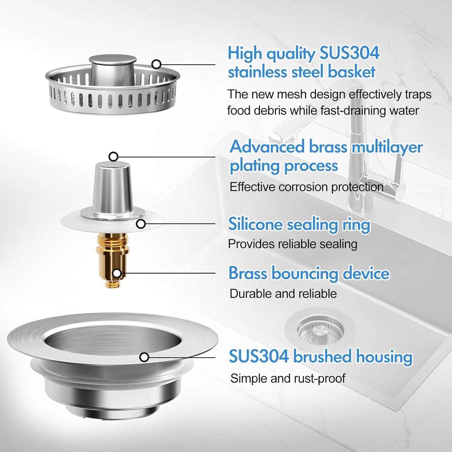 Colador y tapón de desagüe GGV 3 en 1 acero inoxidable 304