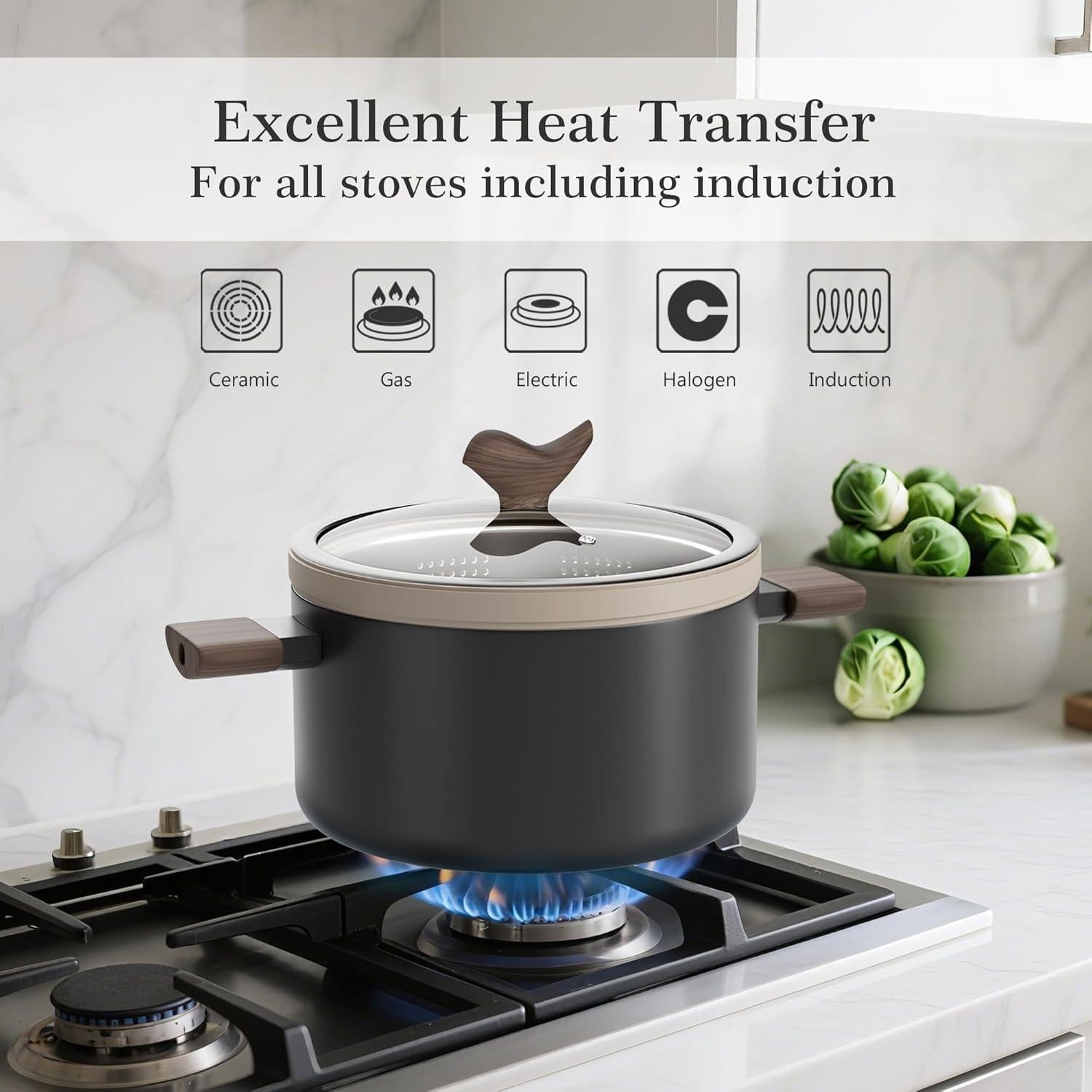 Olla de Cerámica Antiadherente VONIKI 5L con Cesta de Pasta