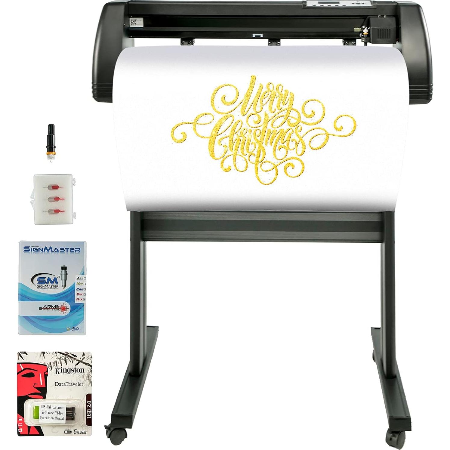 VEVOR Vinyl Cutter Machine 34 Inch Paper Feed Cutting Plotter Bundle Adjustable Force & Speed Vinyl Printer, LCD Display Windows Compatible Sign Making kit with Signmaster Software, Supplies, 3 Blades