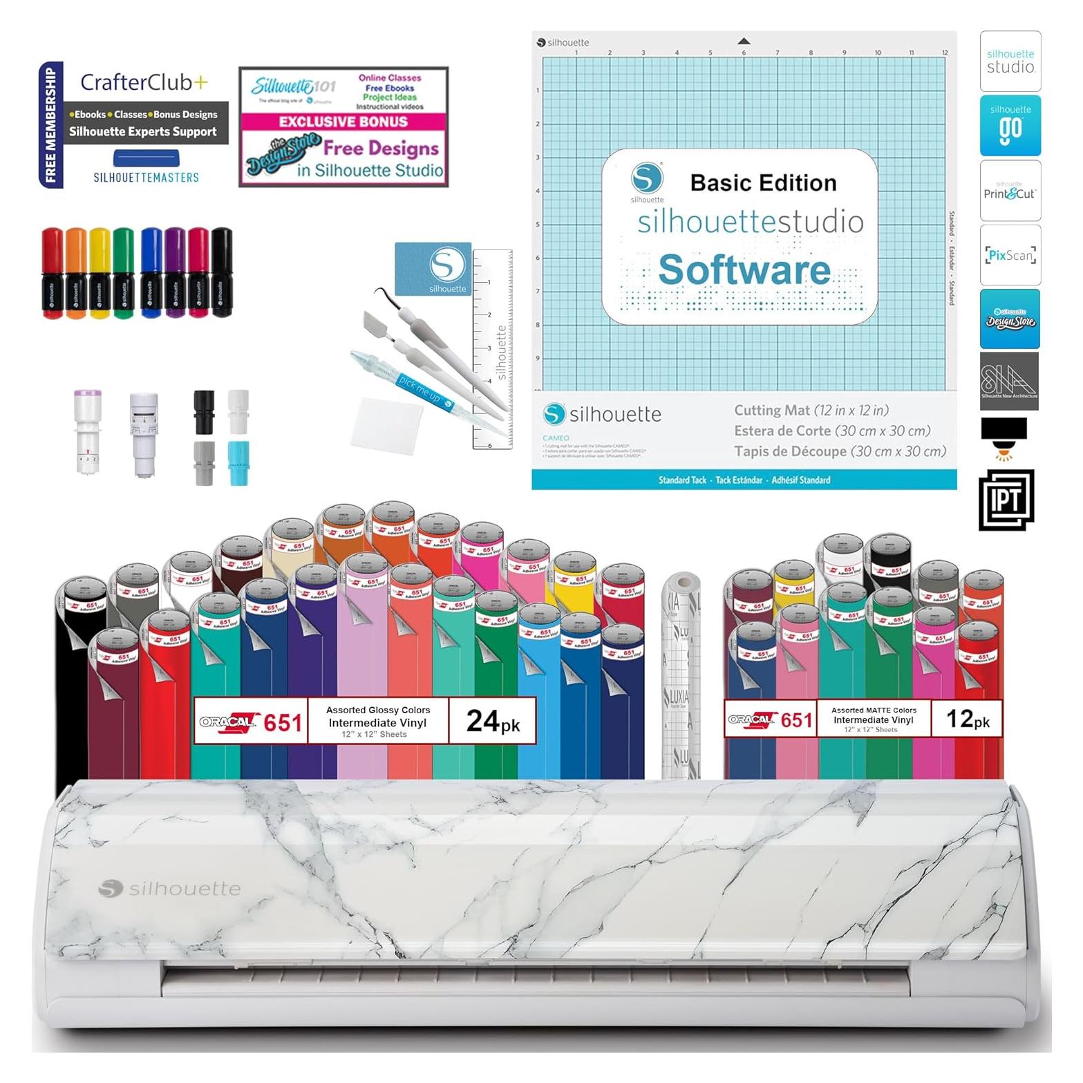 Silhouette Cameo 5 Vinyl Bundle- 36 Sheets of Vinyl, Vinyl Tool Kit, Premium Blade, Pens, and Cameo 5 Start Up Guide with Extra Designs (Marble)