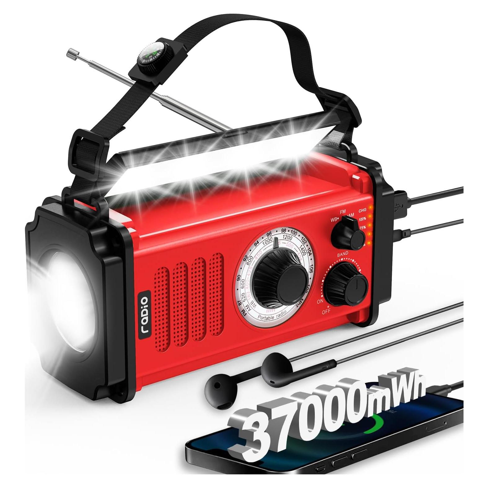37000mWh Hand Crank Emergency Radio, Portable Solar AM/FM/NOAA Weather Radio with Rechargeable Battery Powered, USB Charger, SOS Alarm, Flashlight/Reading Lamp for Home Outdoor Survival-Red
