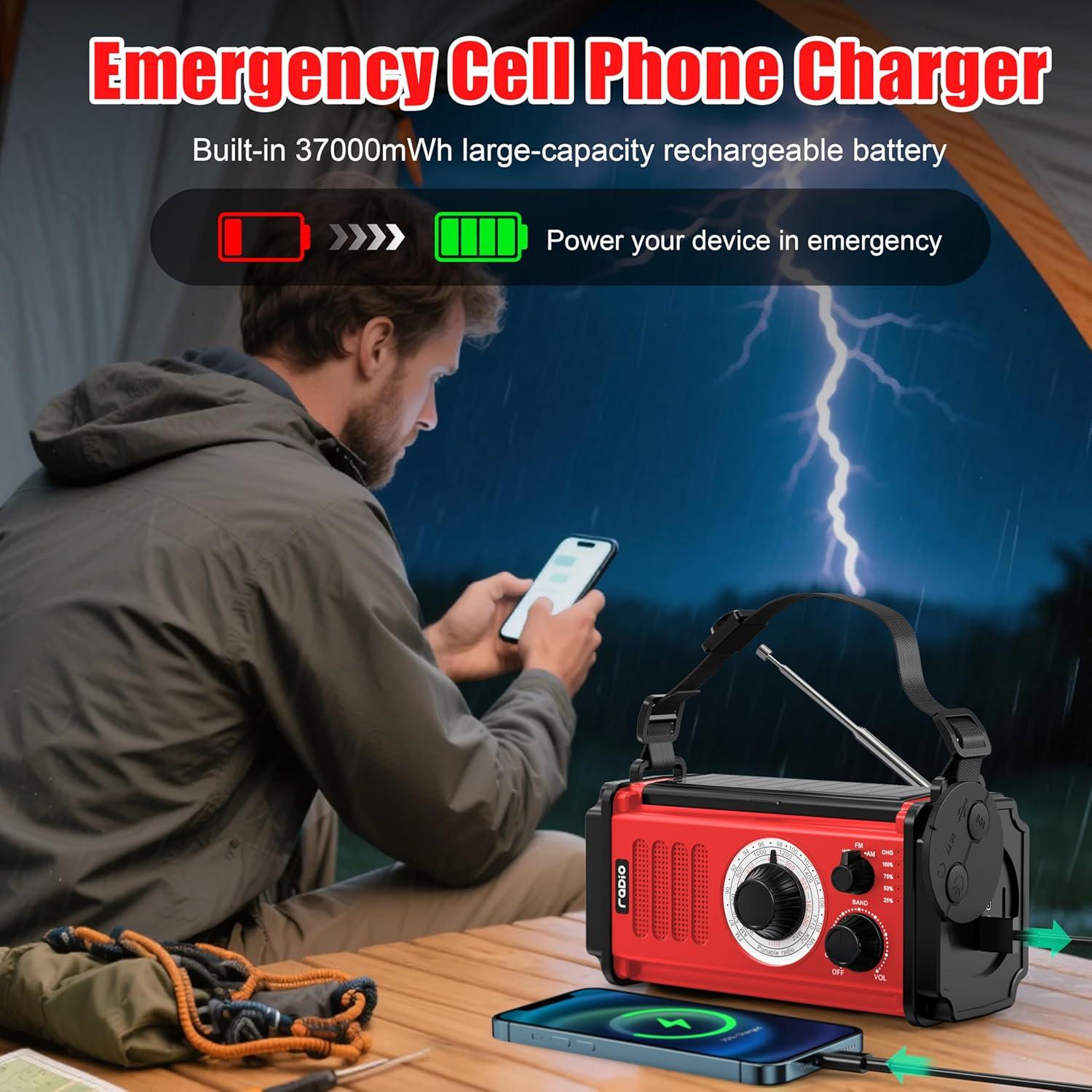 37000mWh Hand Crank Emergency Radio, Portable Solar AM/FM/NOAA Weather Radio with Rechargeable Battery Powered, USB Charger, SOS Alarm, Flashlight/Reading Lamp for Home Outdoor Survival-Red