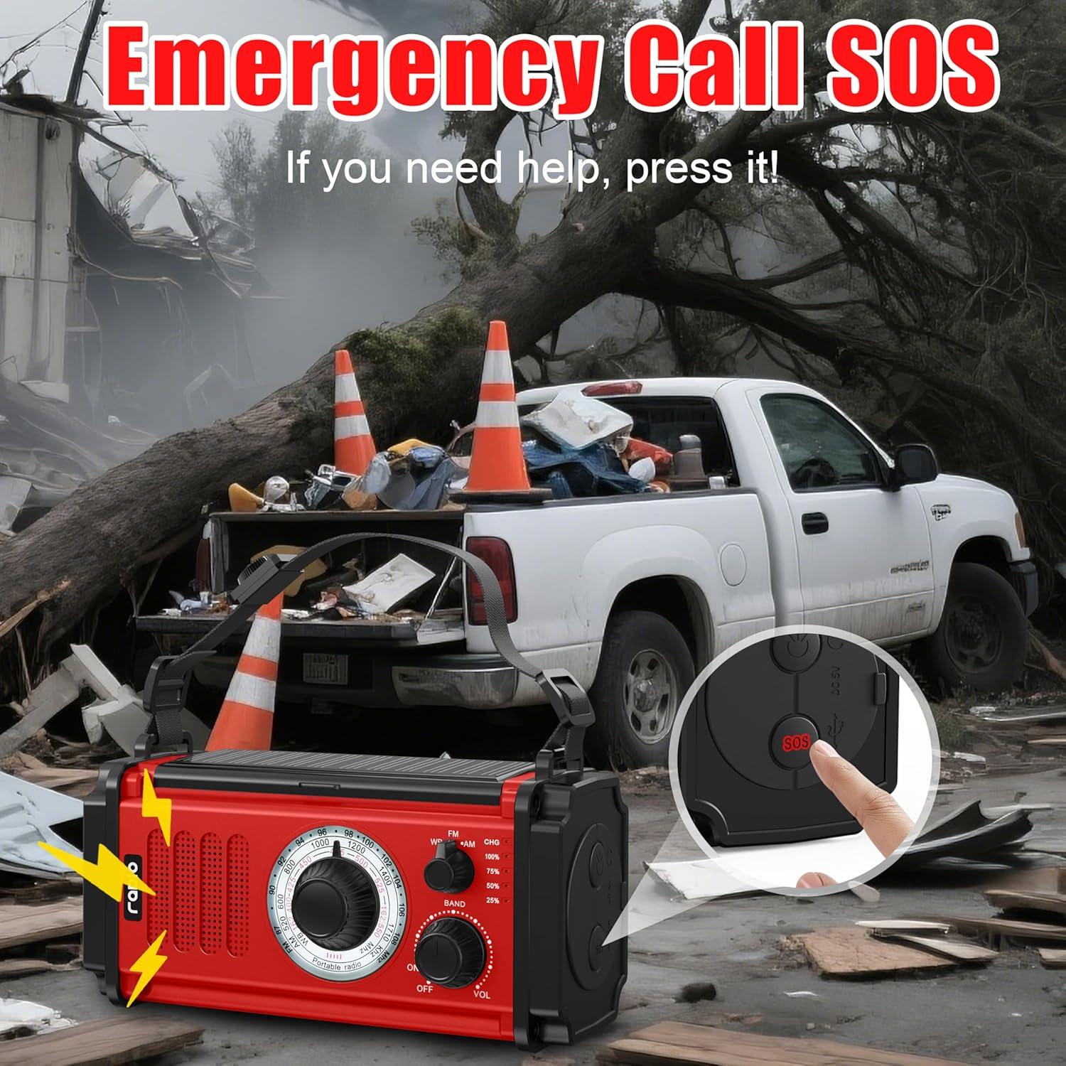 37000mWh Hand Crank Emergency Radio, Portable Solar AM/FM/NOAA Weather Radio with Rechargeable Battery Powered, USB Charger, SOS Alarm, Flashlight/Reading Lamp for Home Outdoor Survival-Red