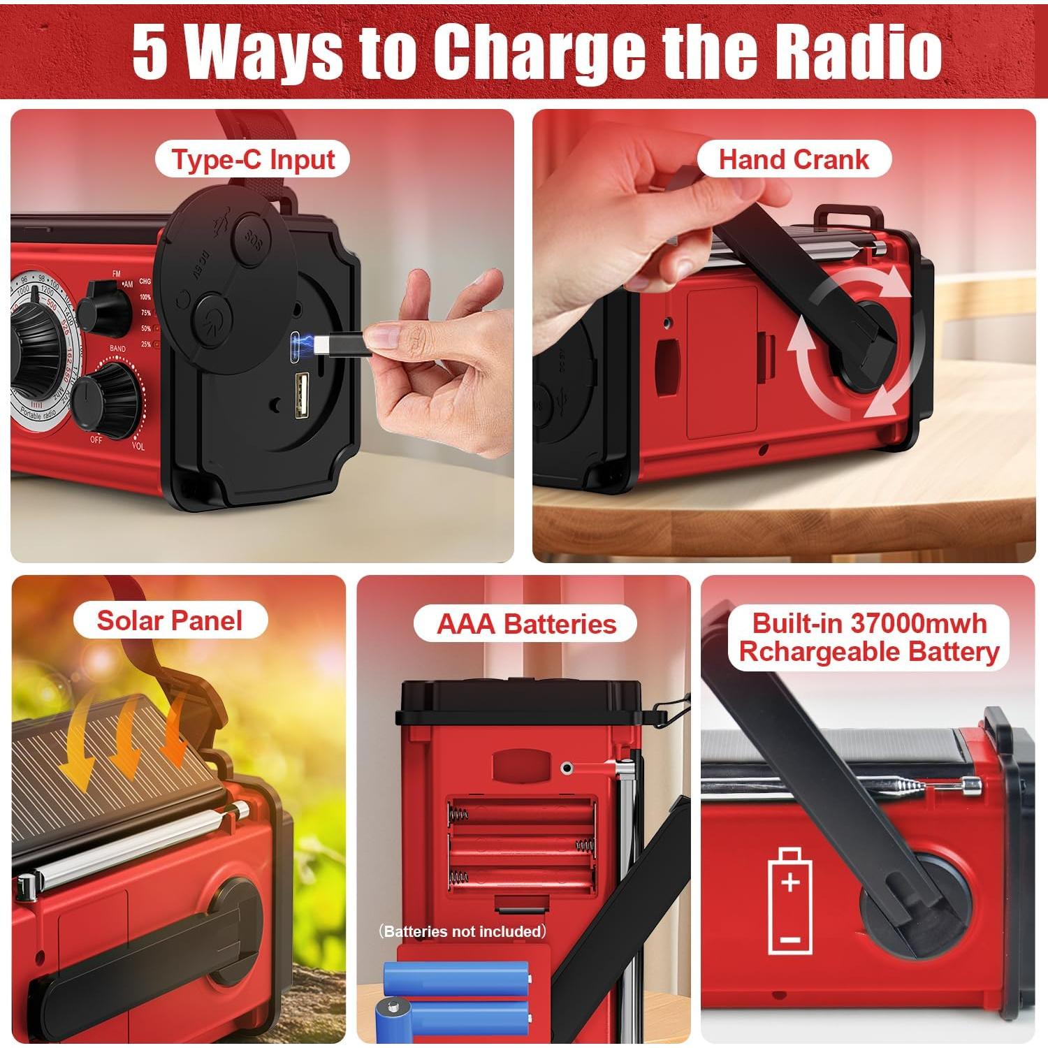 37000mWh Hand Crank Emergency Radio, Portable Solar AM/FM/NOAA Weather Radio with Rechargeable Battery Powered, USB Charger, SOS Alarm, Flashlight/Reading Lamp for Home Outdoor Survival-Red
