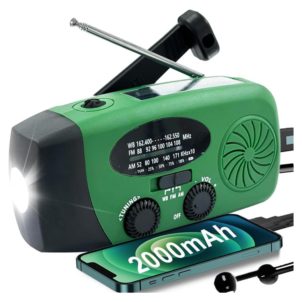 Emergency Weather Radio, 2000mah Solar Hand Crank Radio, AM/FM NOAA Portable Battery Powered Radios with Cell Phone Charger, LED Flashlight, SOS Alarm for Camping, Emergencies