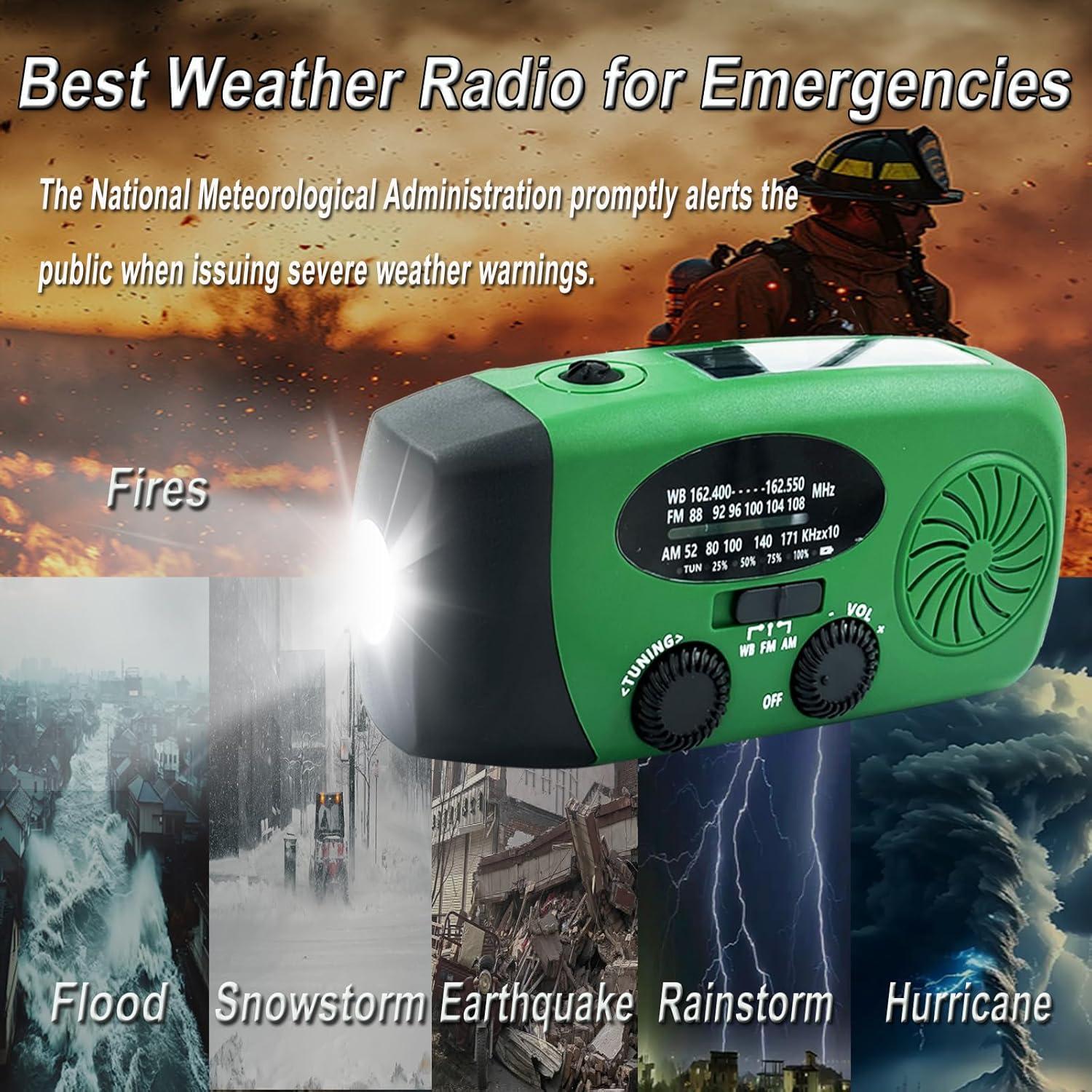 Emergency Weather Radio, 2000mah Solar Hand Crank Radio, AM/FM NOAA Portable Battery Powered Radios with Cell Phone Charger, LED Flashlight, SOS Alarm for Camping, Emergencies