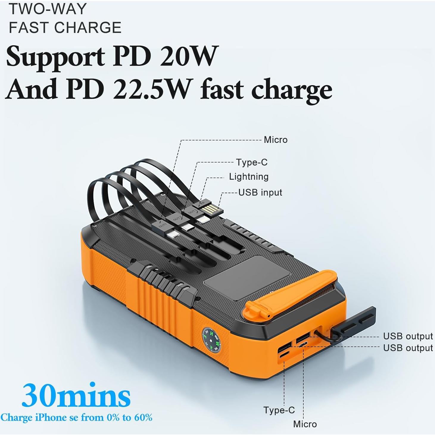Banco de Energía Solar 66800mAh Manivela 22.5W Carga Rápida