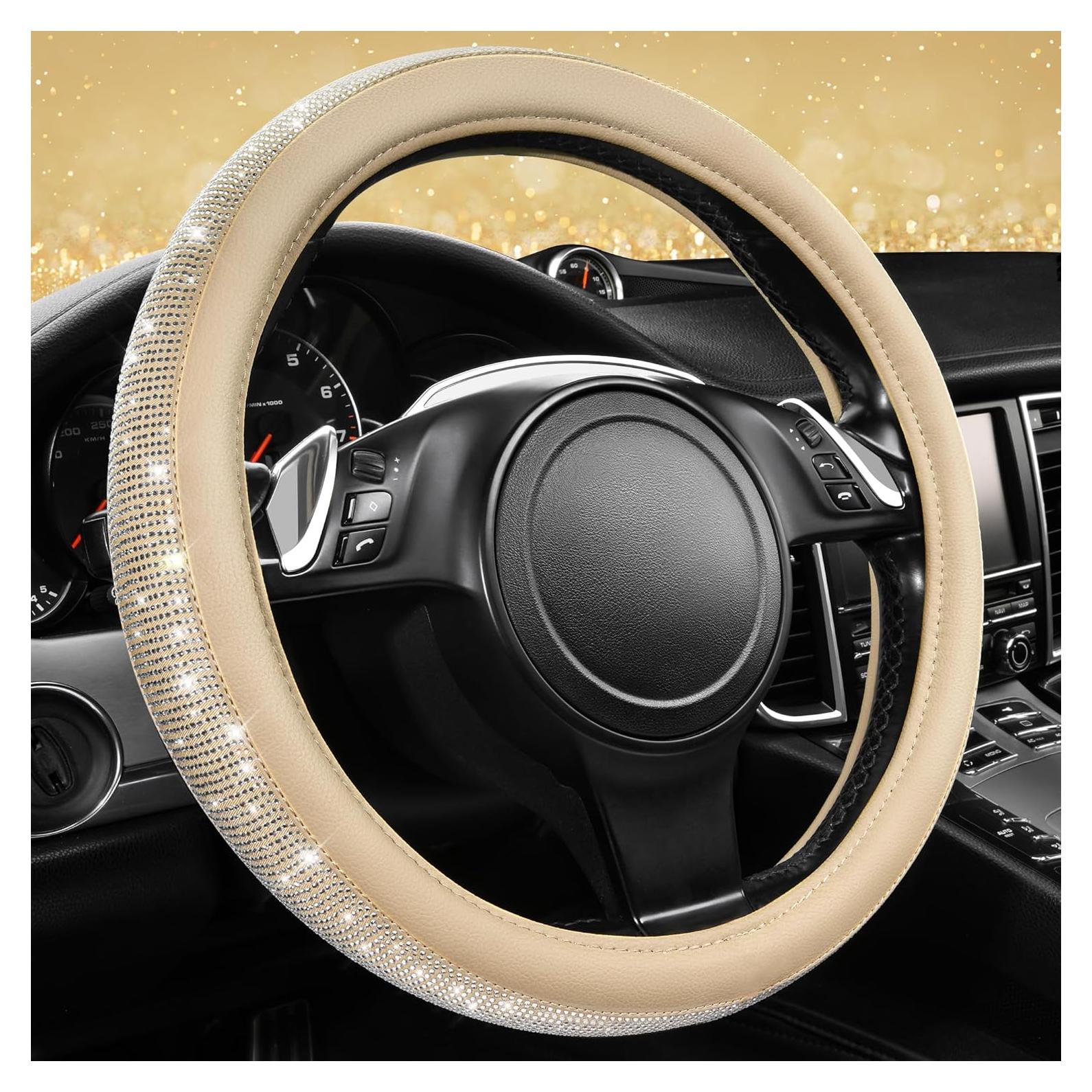 Cubierta de Volante de Cuero Beige con Diamantes Bling CAR PASS 14.5-15"