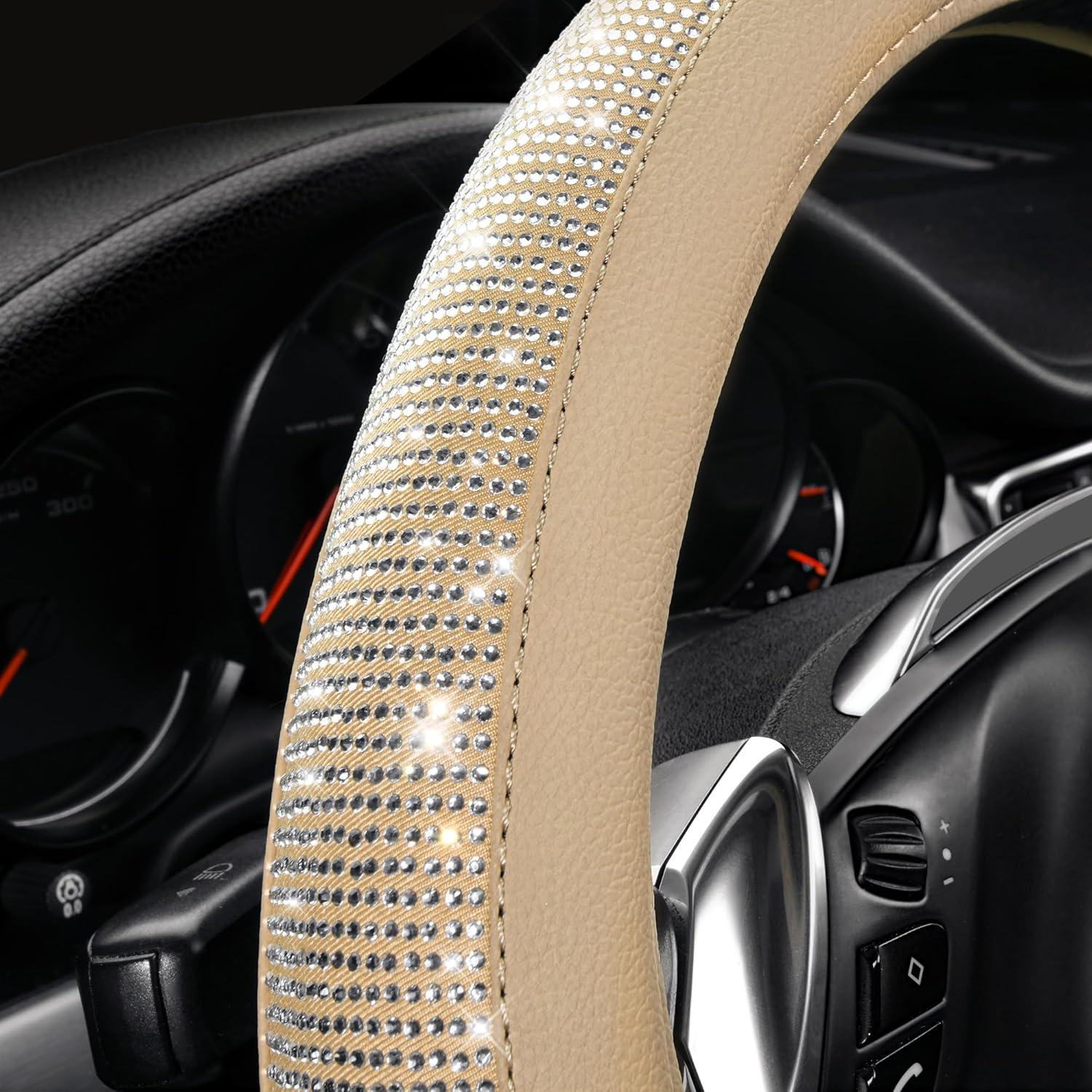 Cubierta de Volante de Cuero Beige con Diamantes Bling CAR PASS 14.5-15"