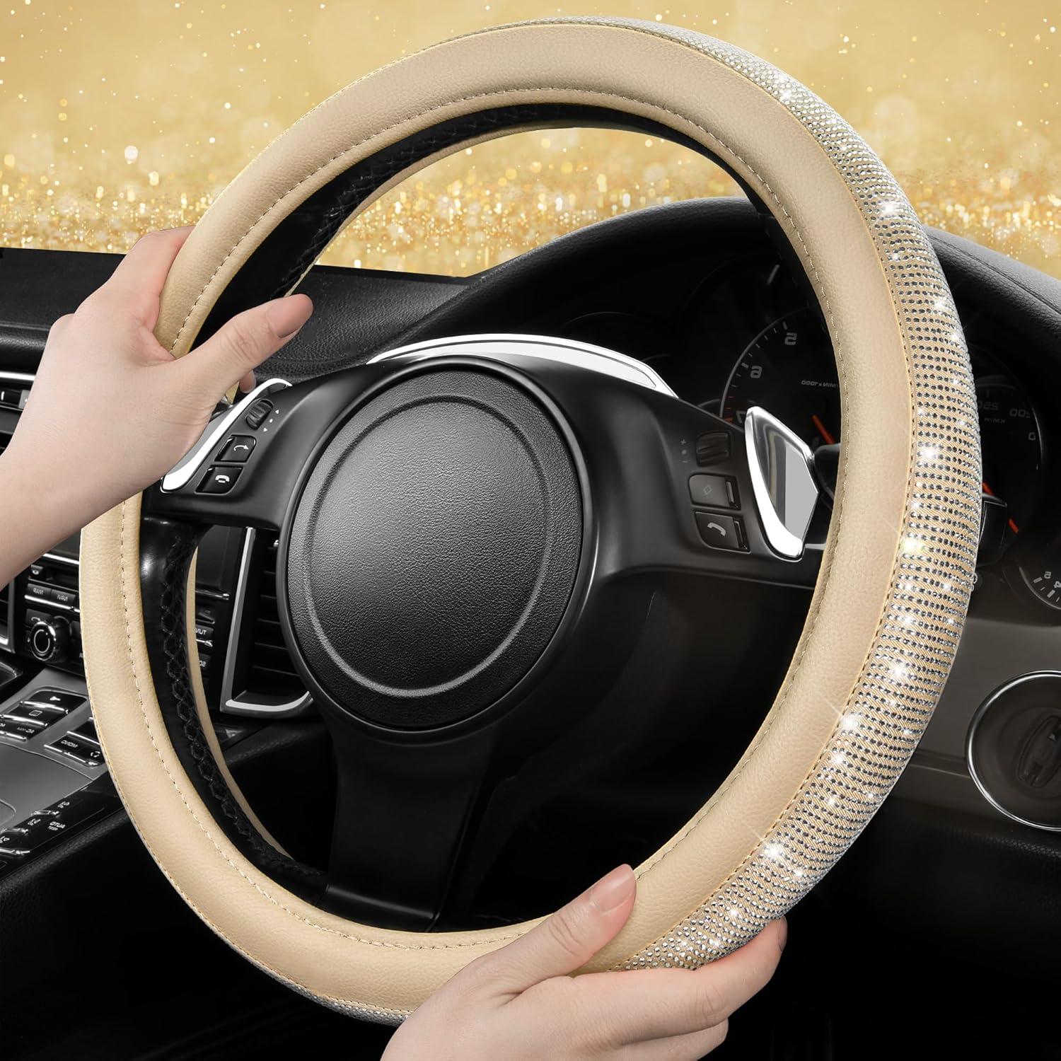 Cubierta de Volante de Cuero Beige con Diamantes Bling CAR PASS 14.5-15"