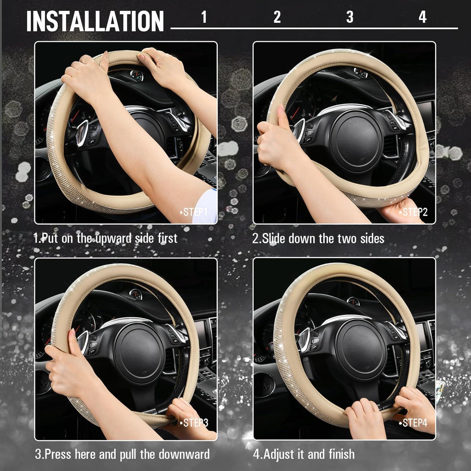 Cubierta de Volante de Cuero Beige con Diamantes Bling CAR PASS 14.5-15"