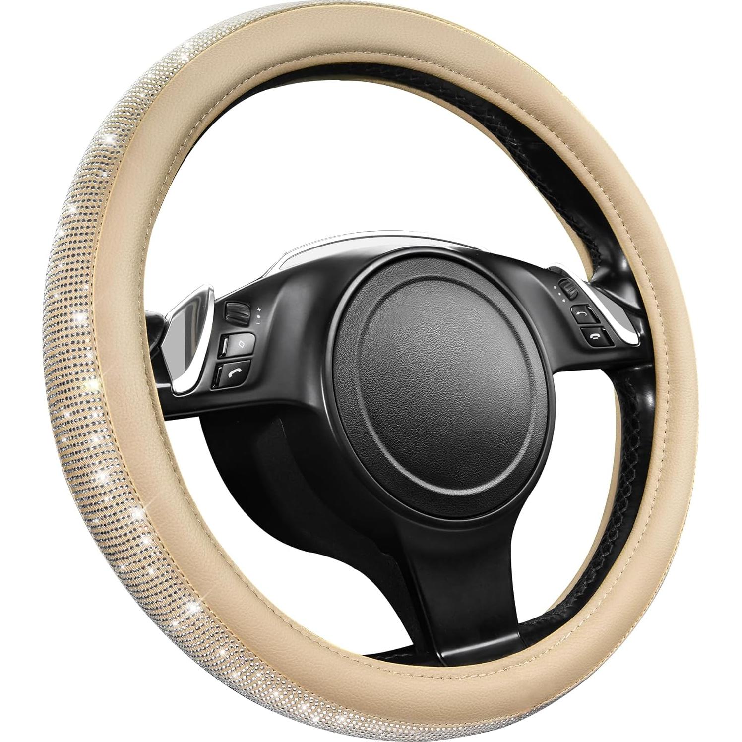 Cubierta de Volante de Cuero Beige con Diamantes Bling CAR PASS 14.5-15"
