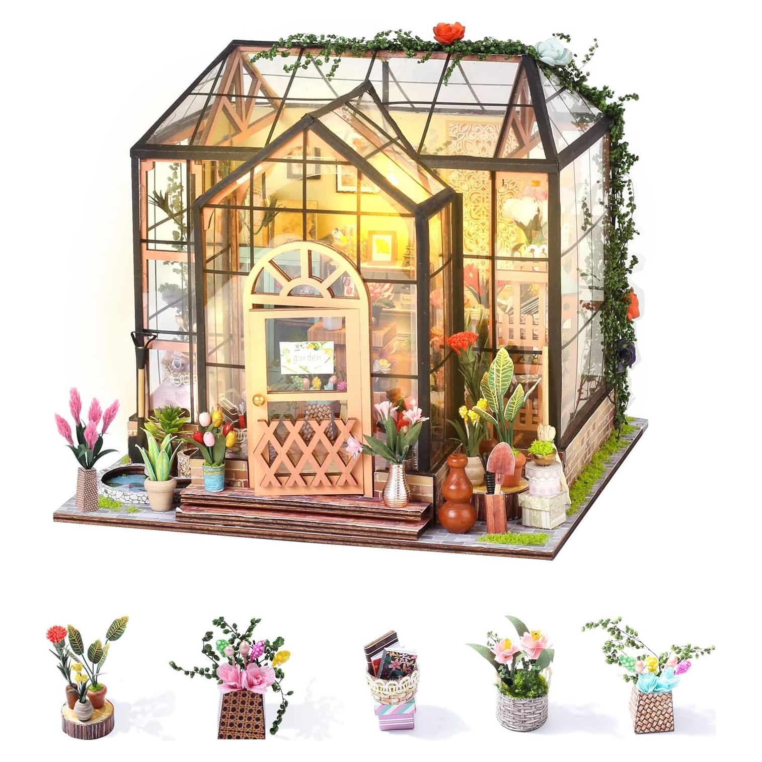 DIY Miniature Dollhouse Greenhouse Building Room Kit, Wooden Diorama Book Nook House Crafts for Adults, 1:24 Scale Miniature Street Tiny Library House Making