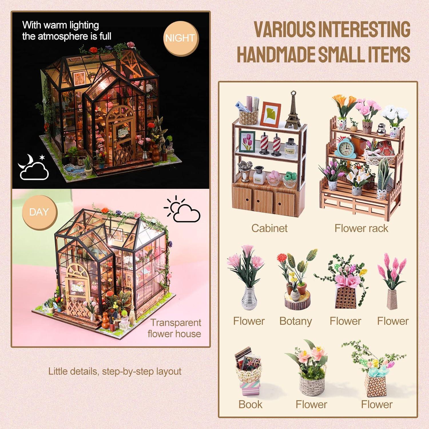 DIY Miniature Dollhouse Greenhouse Building Room Kit, Wooden Diorama Book Nook House Crafts for Adults, 1:24 Scale Miniature Street Tiny Library House Making