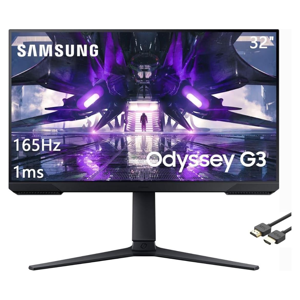 32" Odyssey G3 FHD Gaming Monitor, 165Hz Refresh Rate, 1ms Response Time, FreeSync Premium, Eye Saver Mode, Height Adjustable Screen, Black, with MTC HDMI Cable